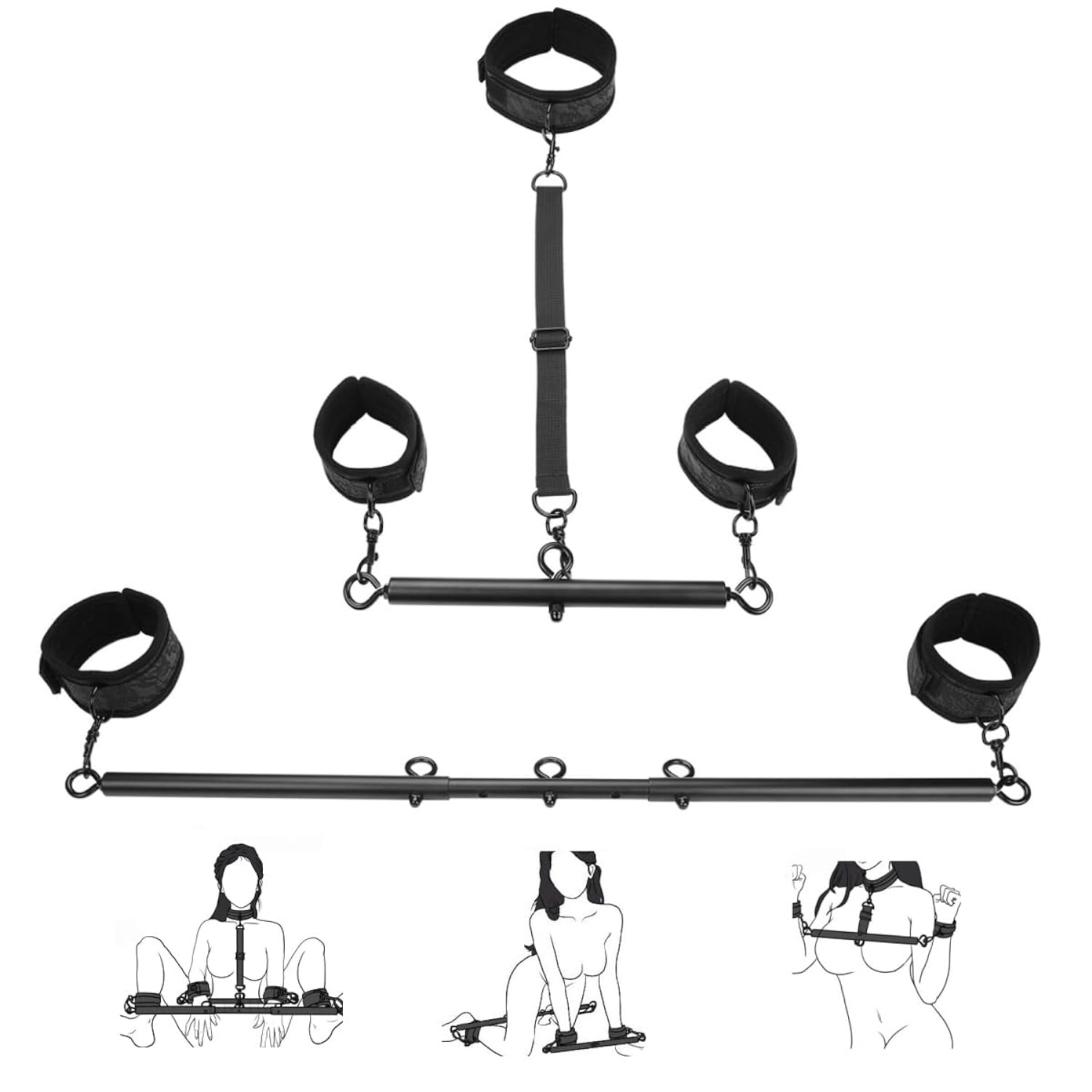 Spreader Bar with Wrist Ankle Neck Collar Adjustable Handcuffs (Black)