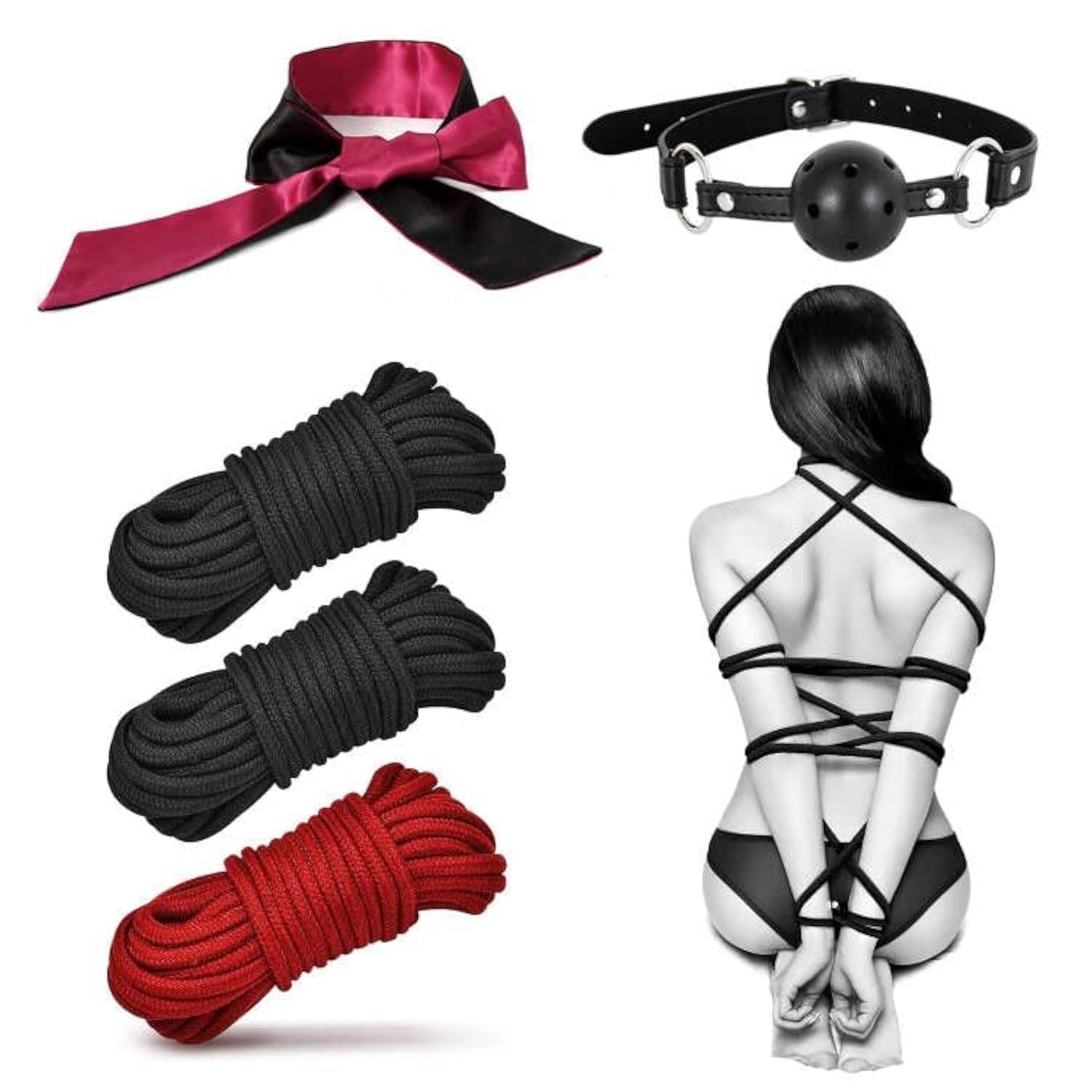 Bdsm Shibari Bondage Rope With Blindfold & Ball Gag, Sex Bondage Kit