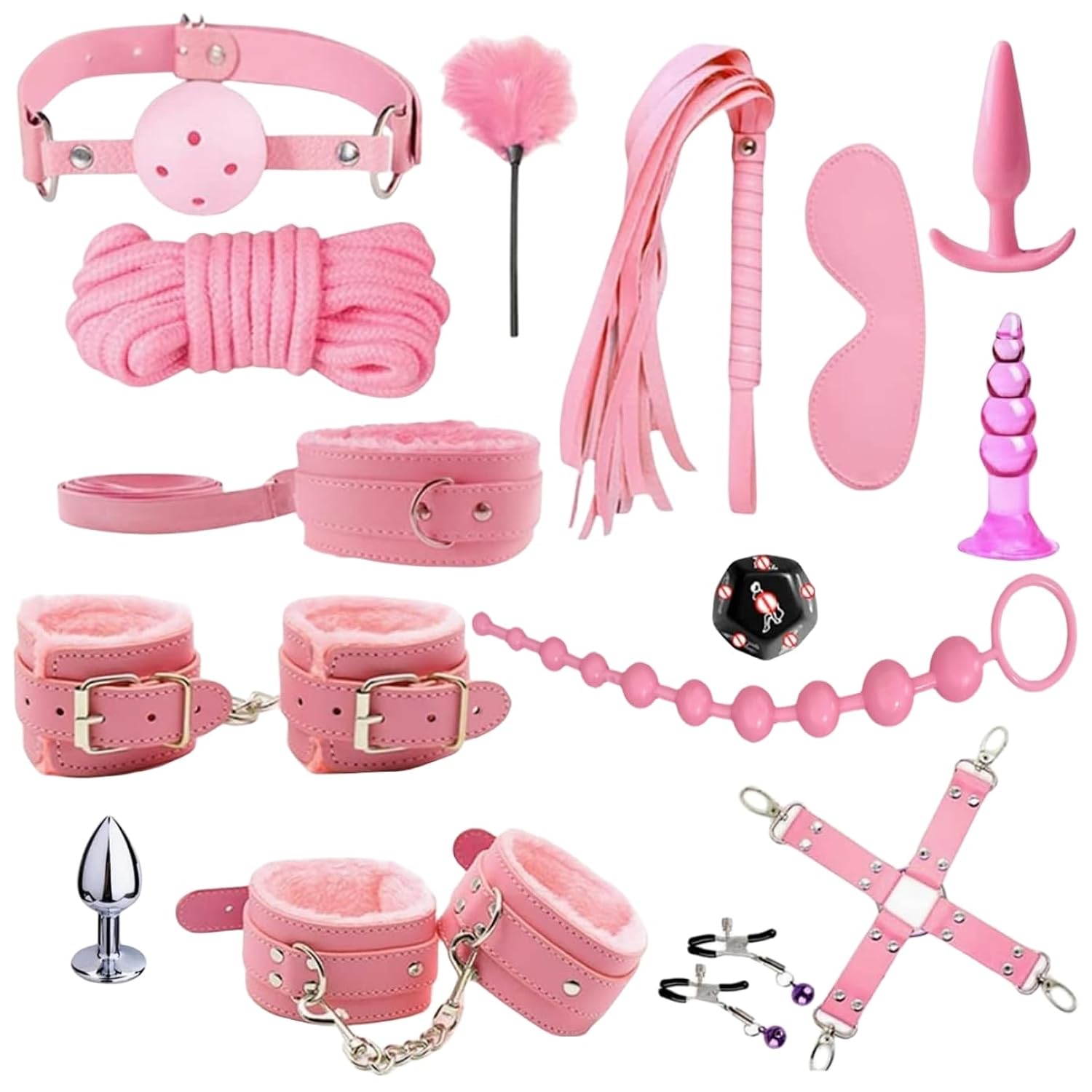 BDSM Restraints Kit 15Pcs for Couples Beginner Bondage Set Paddle Pink