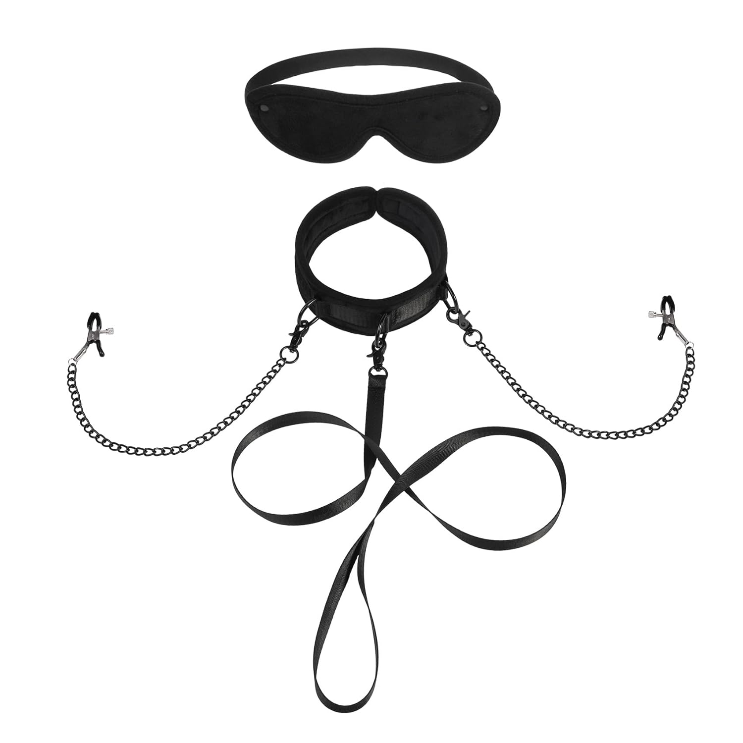 Faux Fur Bondage Collar Leash Set With Nipple Clamps And Blindfold