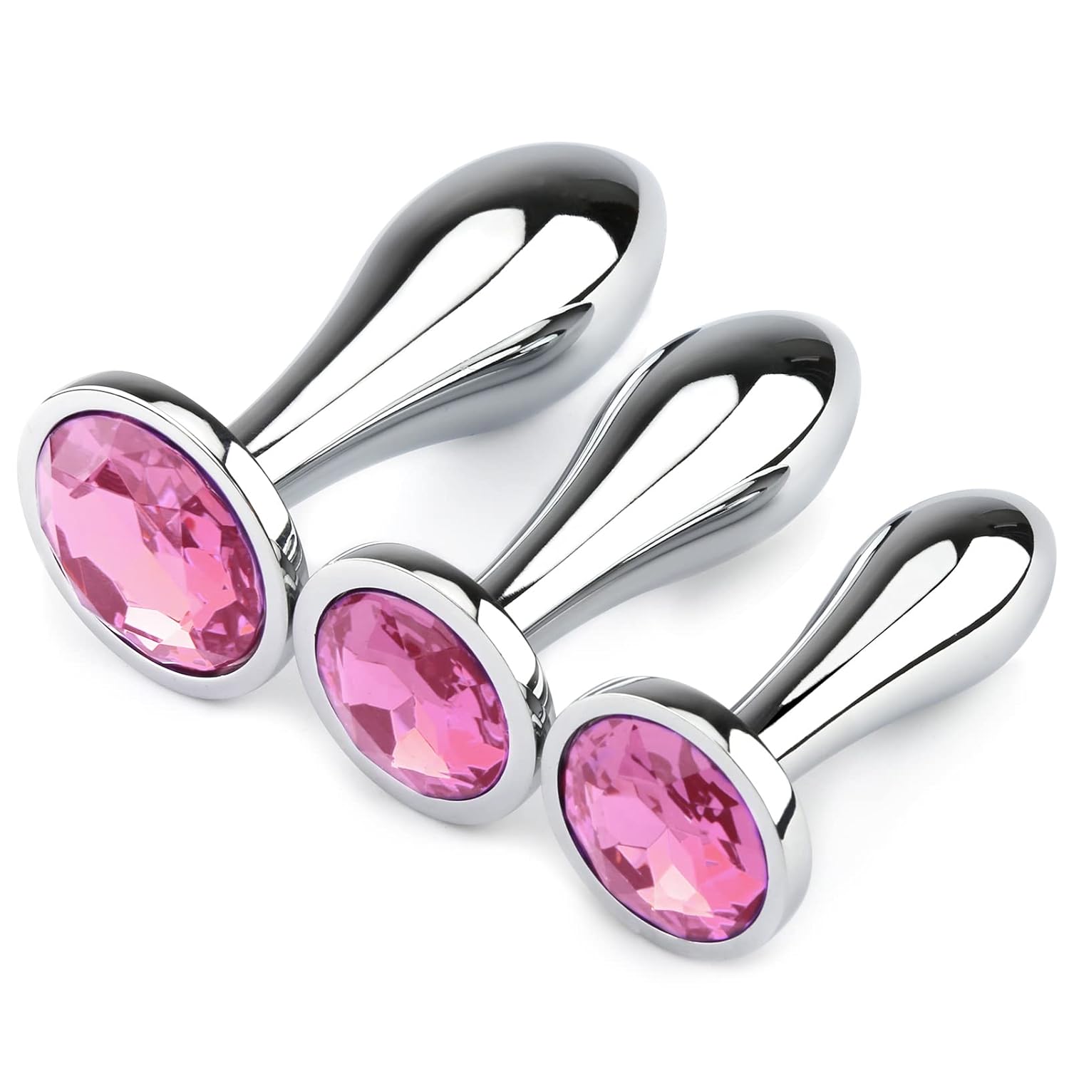 Anal Butt Plug Set, 3pcs Metal with Crystal, Beginner, Unisex (Pink)