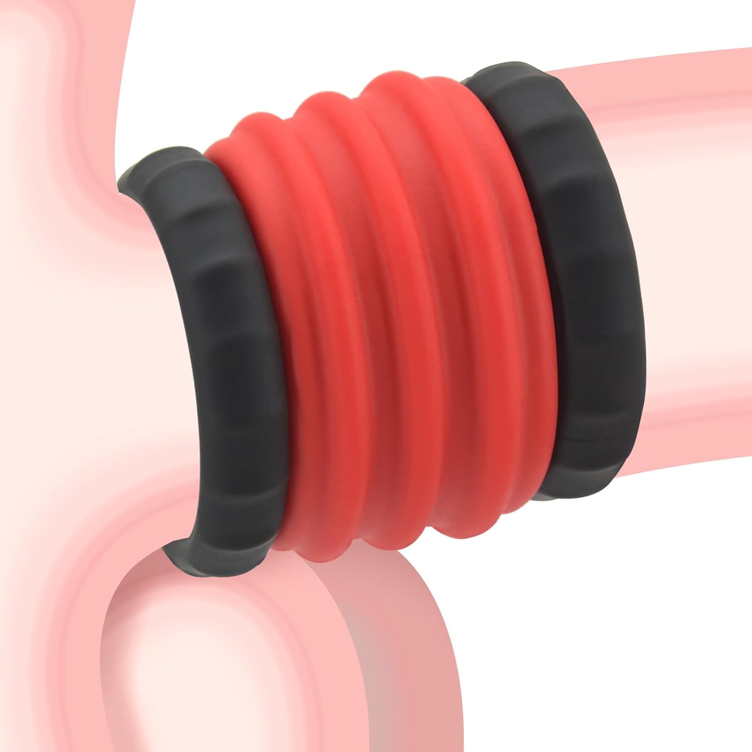 Double Penis Ring For Men - Black + Red Silicone Cock Ring