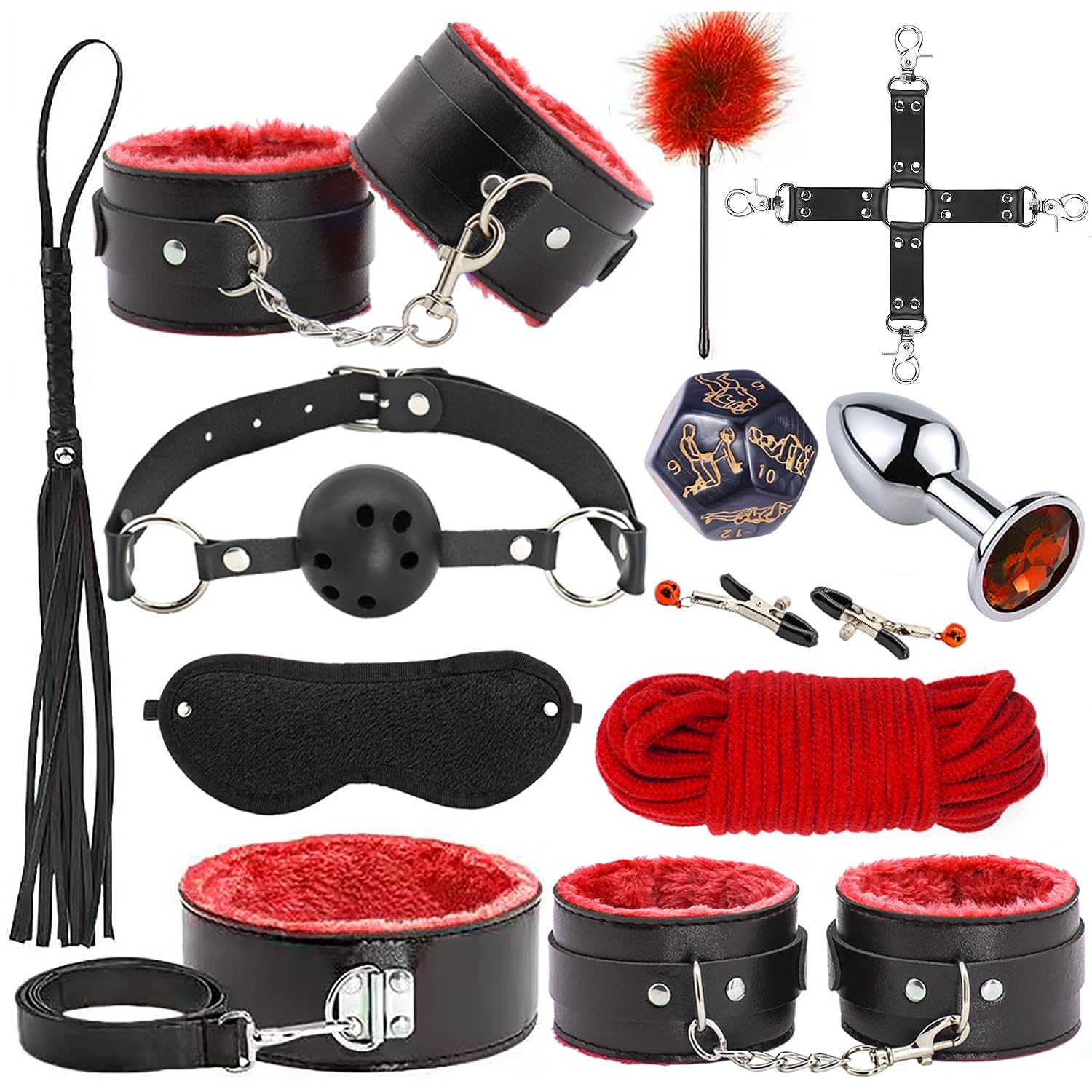Sex Bondage Bdsm Kit - 12Pcs Set, Adjustable, Red