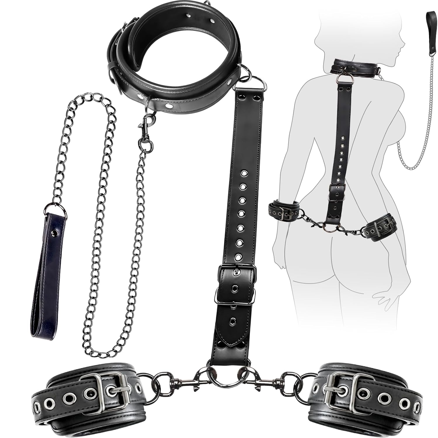 BDSM Bondage Restraints Set, Neck to Wrist Kit, Adjustable Gear