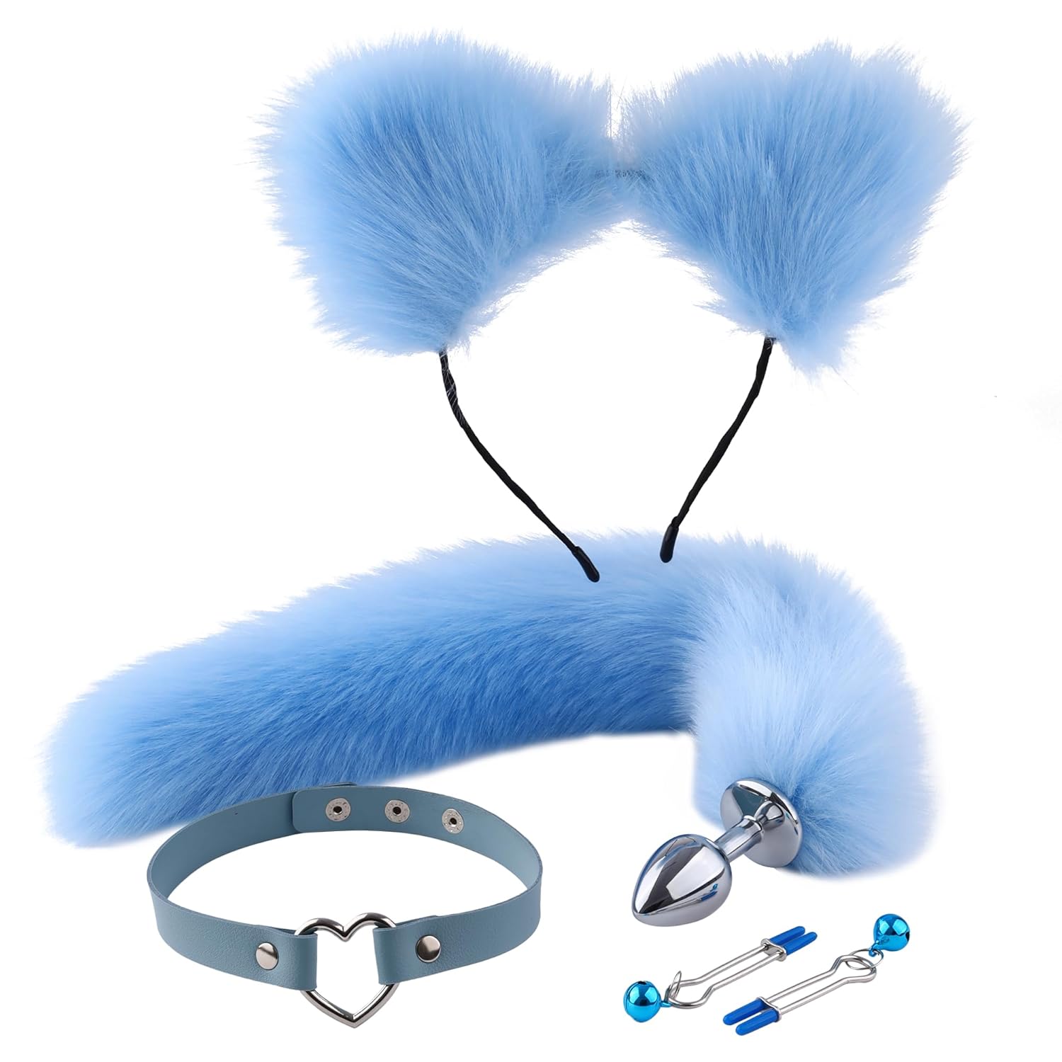 Fox Tail Anal Plug, Collar, Nipple Clamps, Cat Ears - Stainless Steel Plug with Faux Fur (Blue)