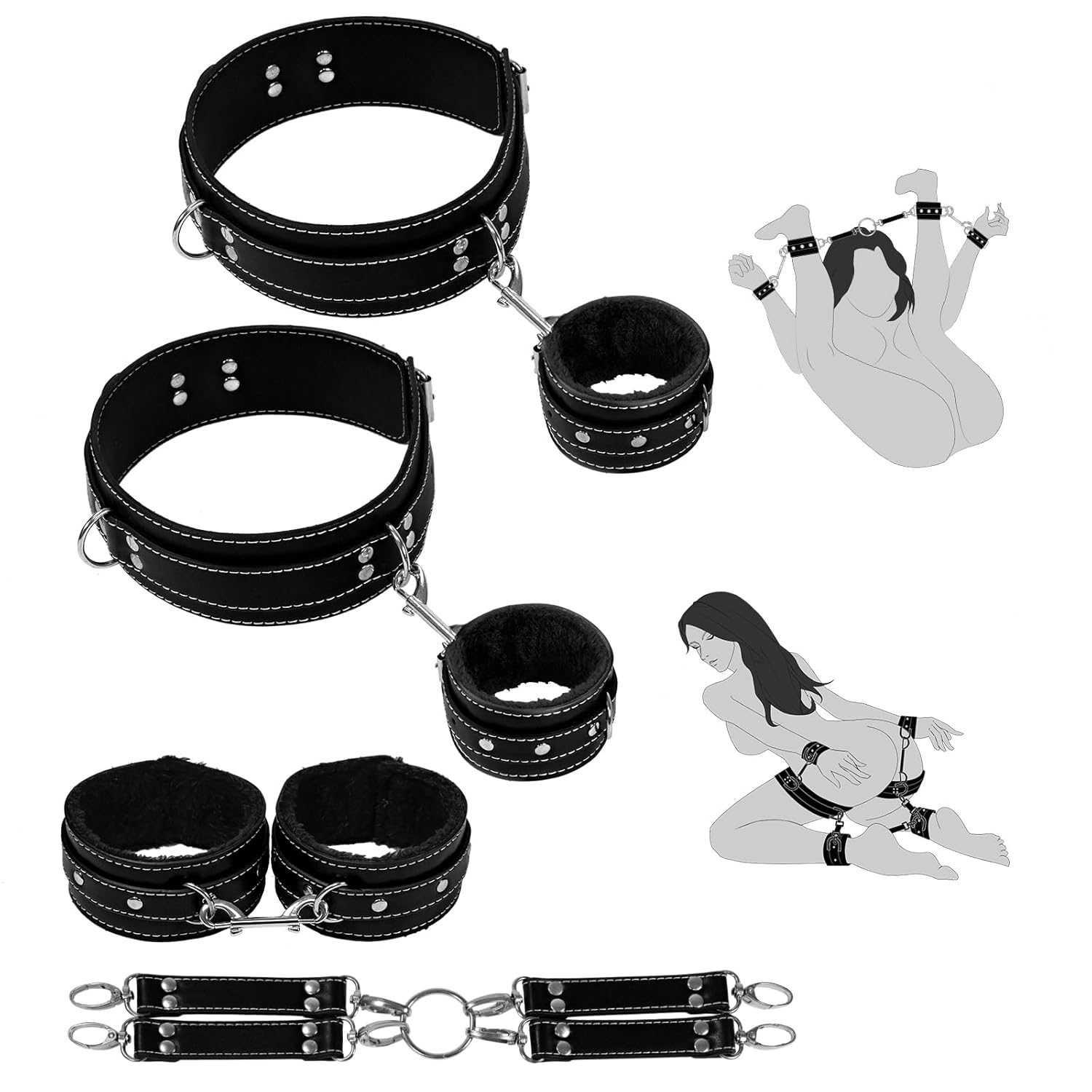 Bondage Restraints Kit - 4 Pc Set with Handcuffs, Ankle & Thigh Cuffs