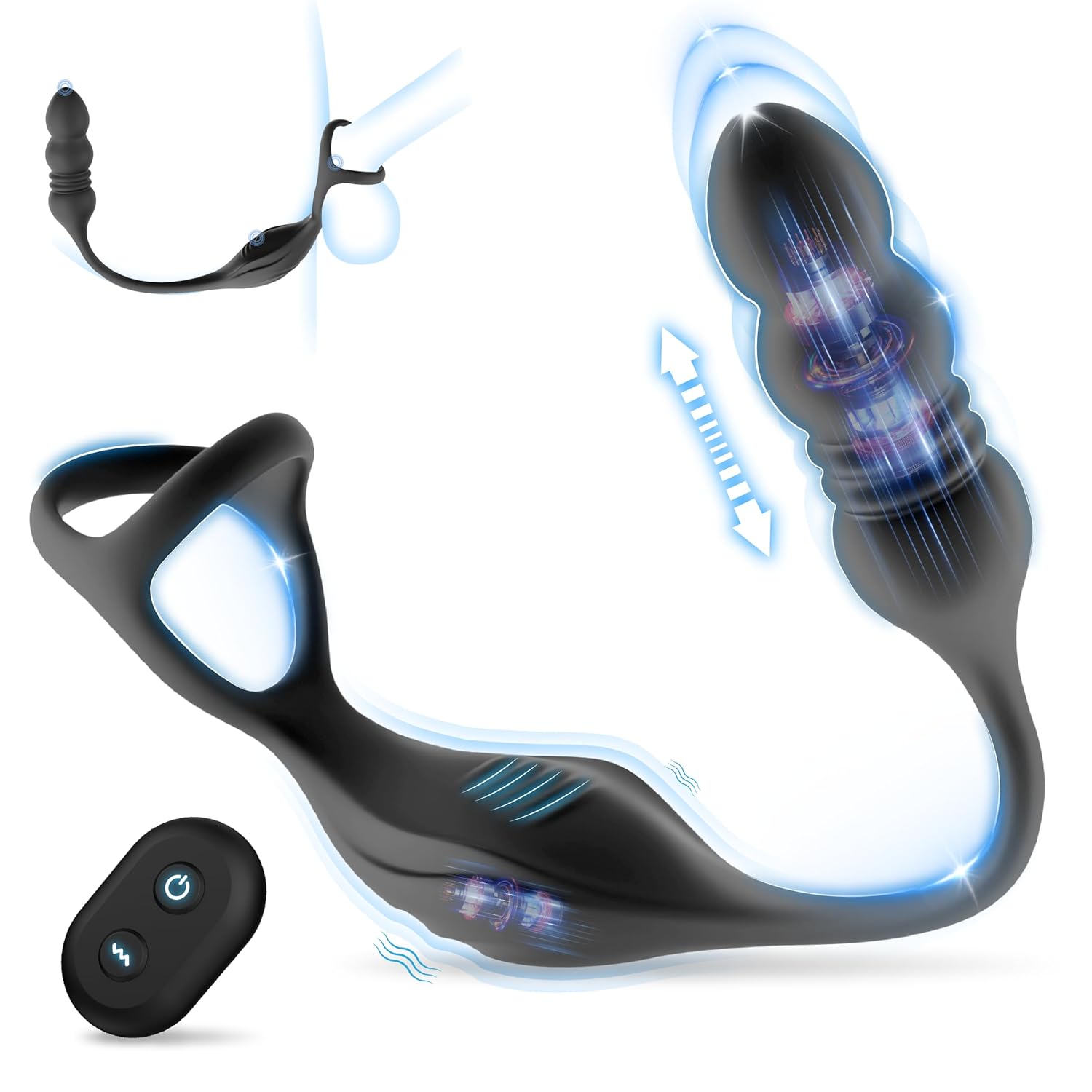 Thrusting Anal Vibrator Prostate Massager, Vibrating Cock Ring, Remote