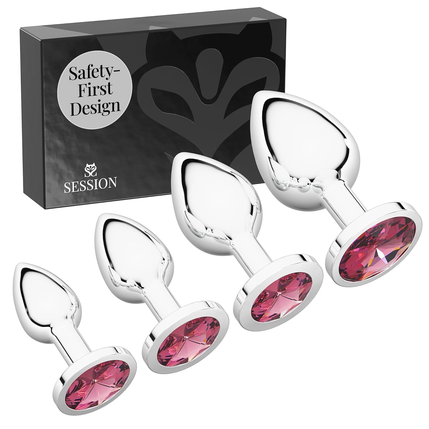Jewel Butt Plug Beginner Set - 4 Sizes, Wide Base, Metal, Silver & Pink, Circle Charm