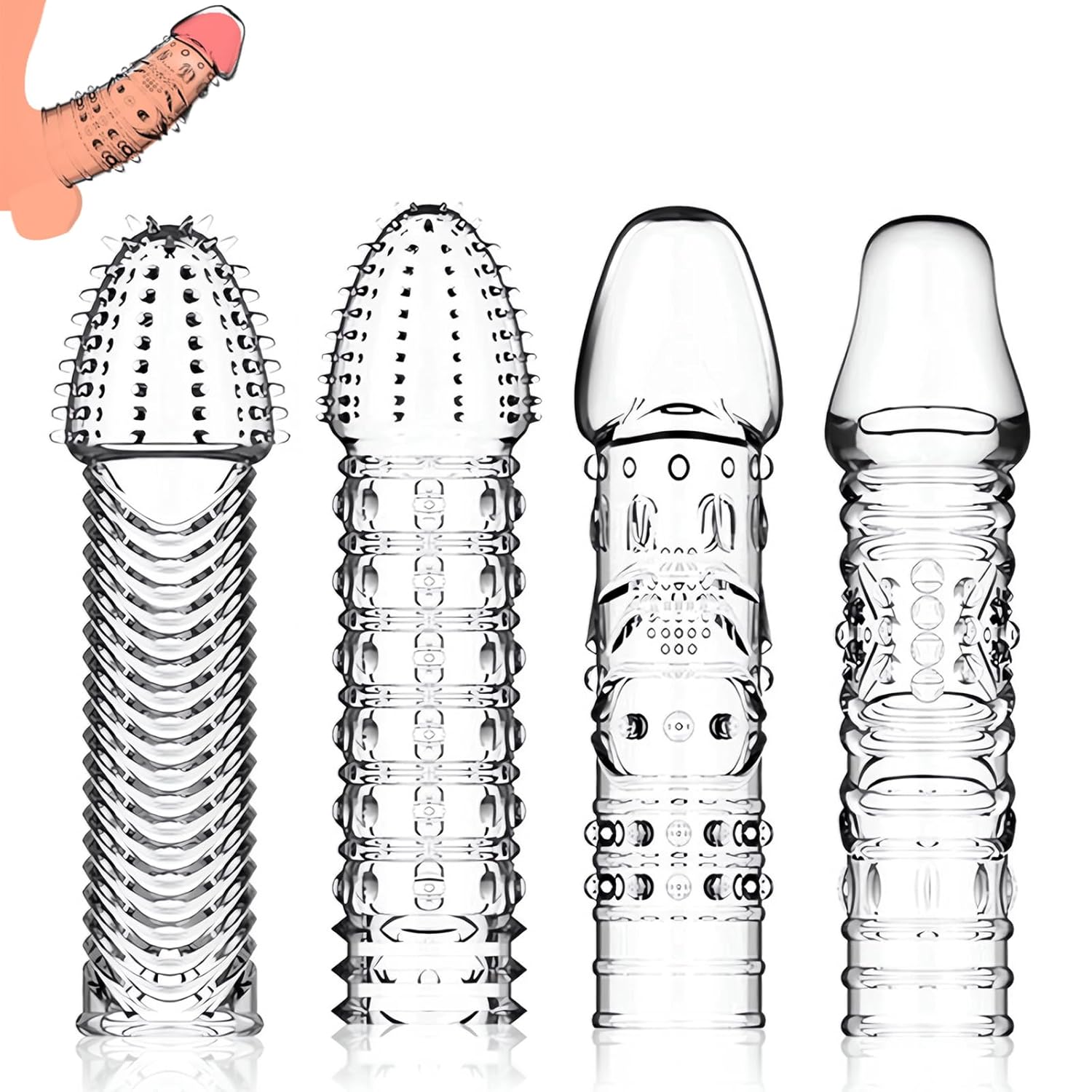 4 Pack Reusable Penis Sleeves, Cock Condoms For Dildo Vibrator Couple