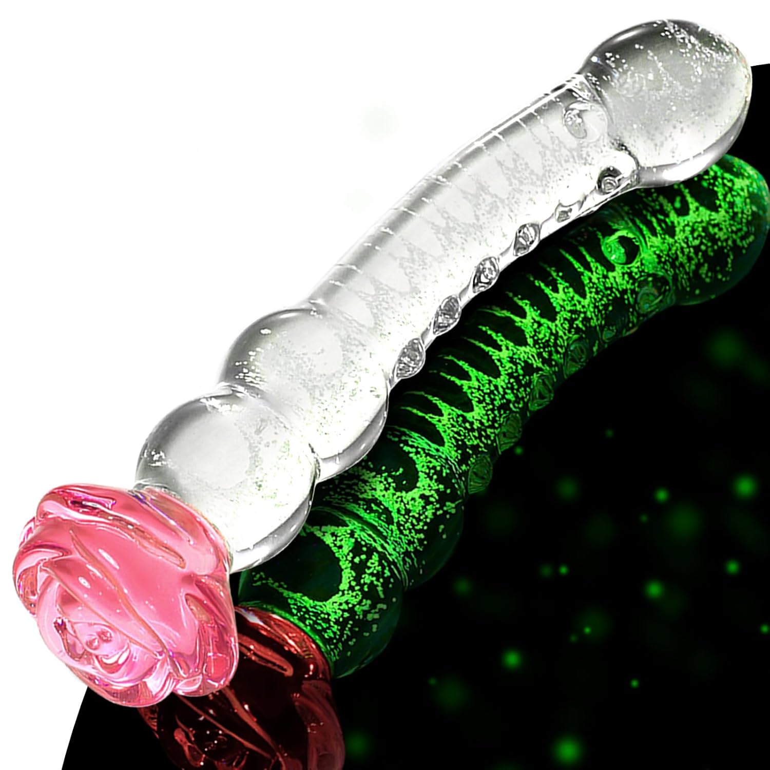 Rose Glass Anal Plug with Beads - 8" Glow in the Dark Crystal Dildo, Bump Stimulator, Clear