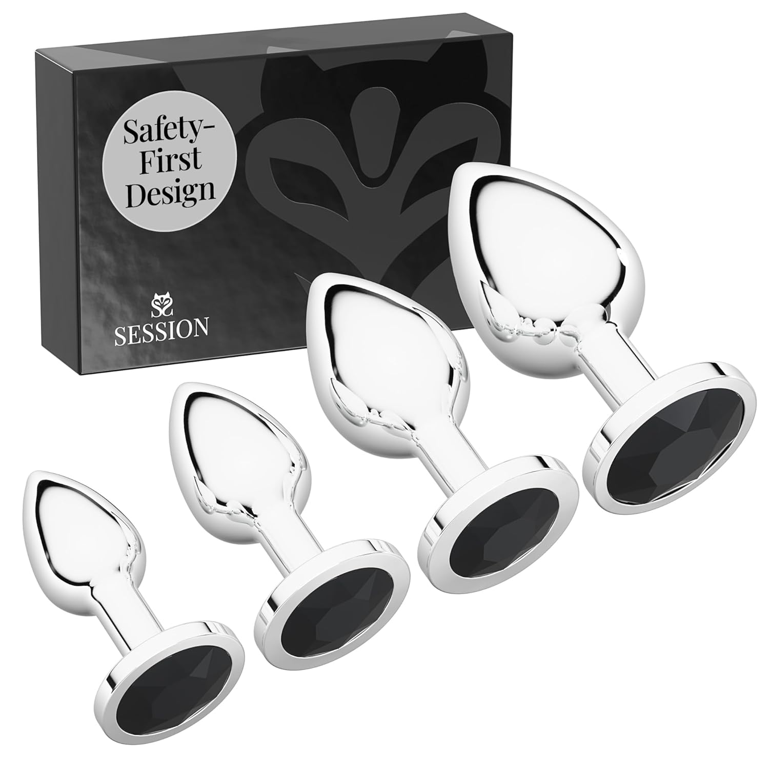 Jewel Butt Plug Beginner Set - 4 Sizes, Wide Base, Metal, Silver & Black, Circle Charm