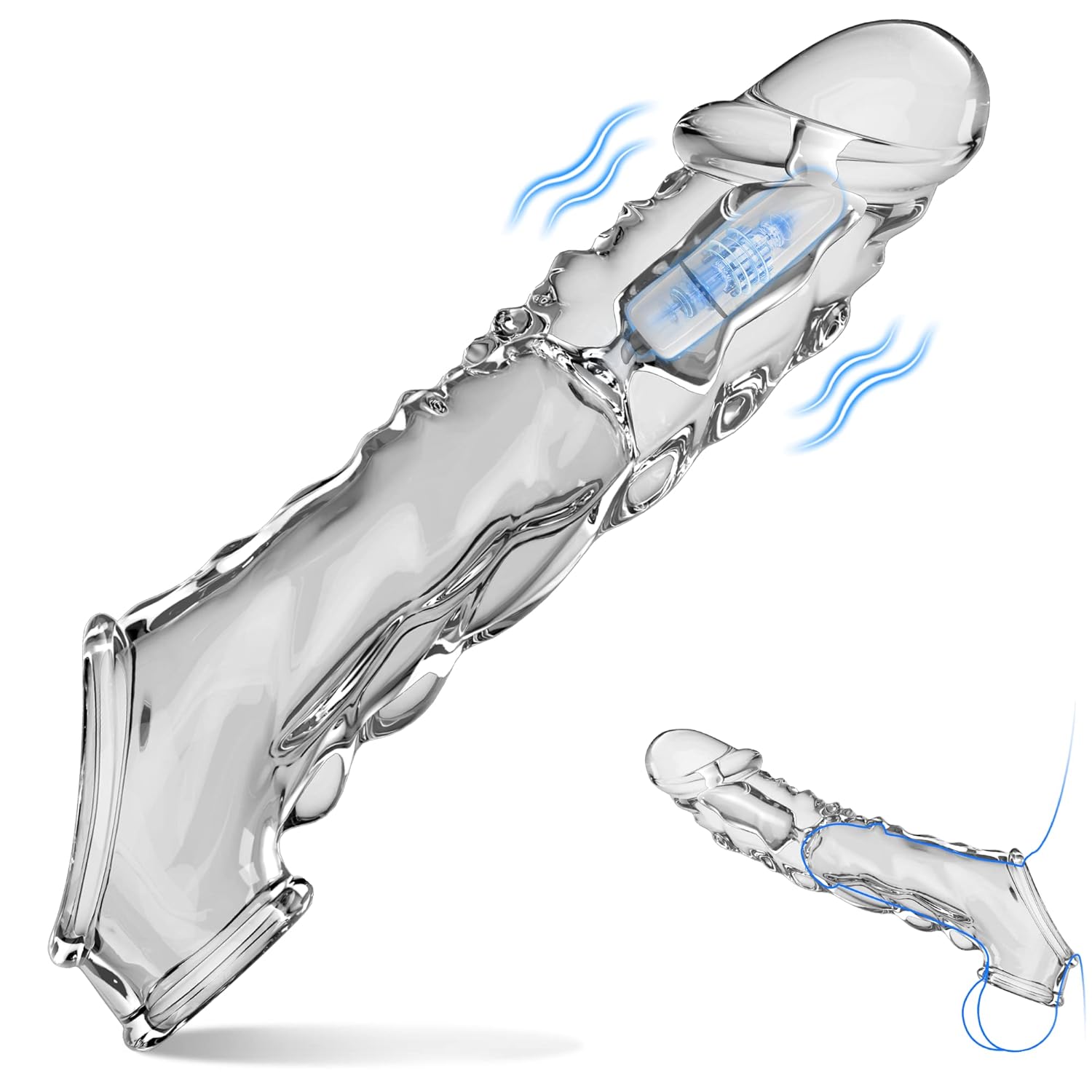 Large Reusable Penis Sleeve With Vibrator Ring,3.8 Inch Clear Cock