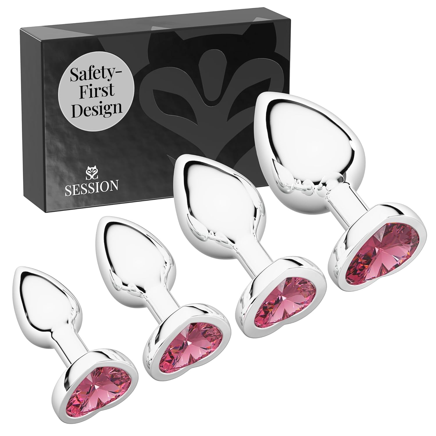 Session Jewel Butt Plug 4-Piece Set, Metal Anal Toy with Heart Charm