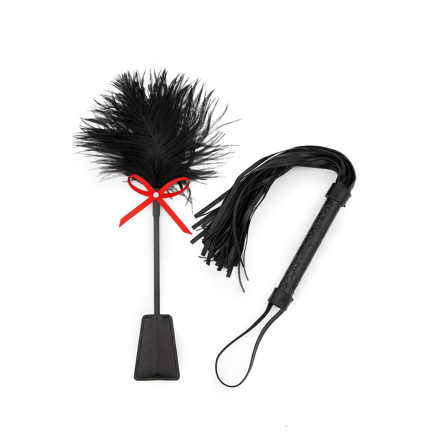 Black Faux Leather Whip 18" Feather Tickler 15" Set - Equestrian Horse