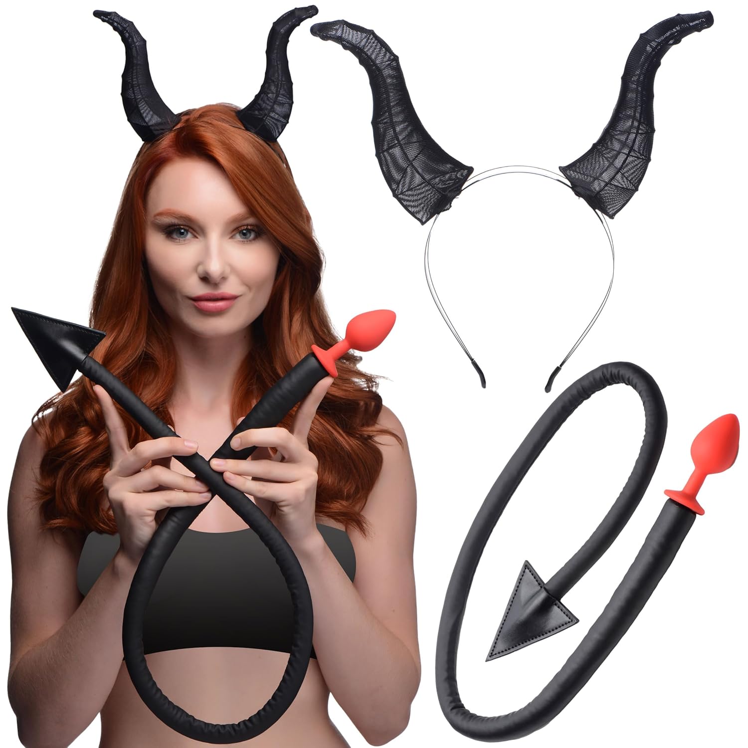 Devil Butt Plug Tail And Horns Set, Silicone Plug Tail And Devil Horns