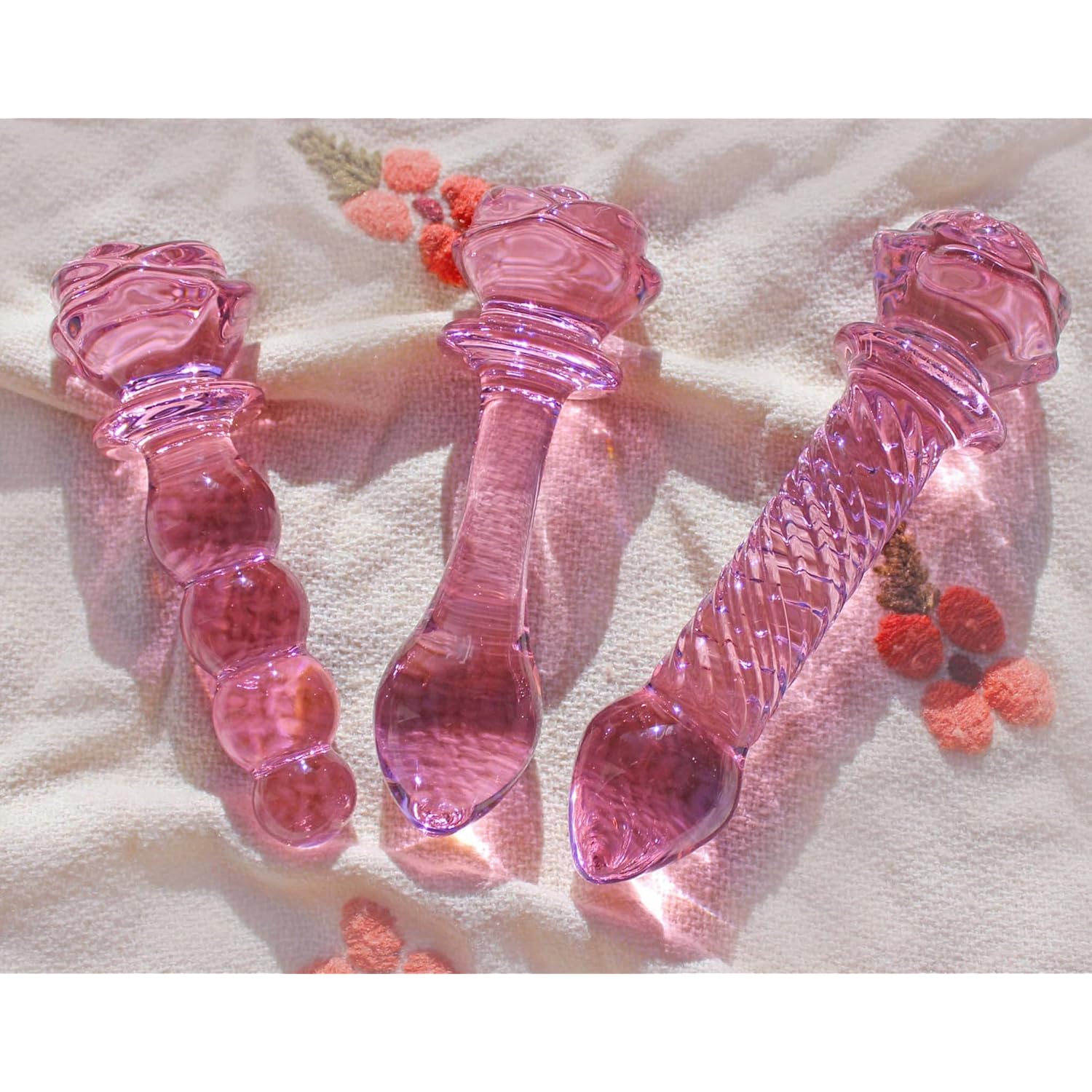 3-Piece Pink Glass Dildo Butt Plug, Crystal Rose Anal Plug Beads Dildo