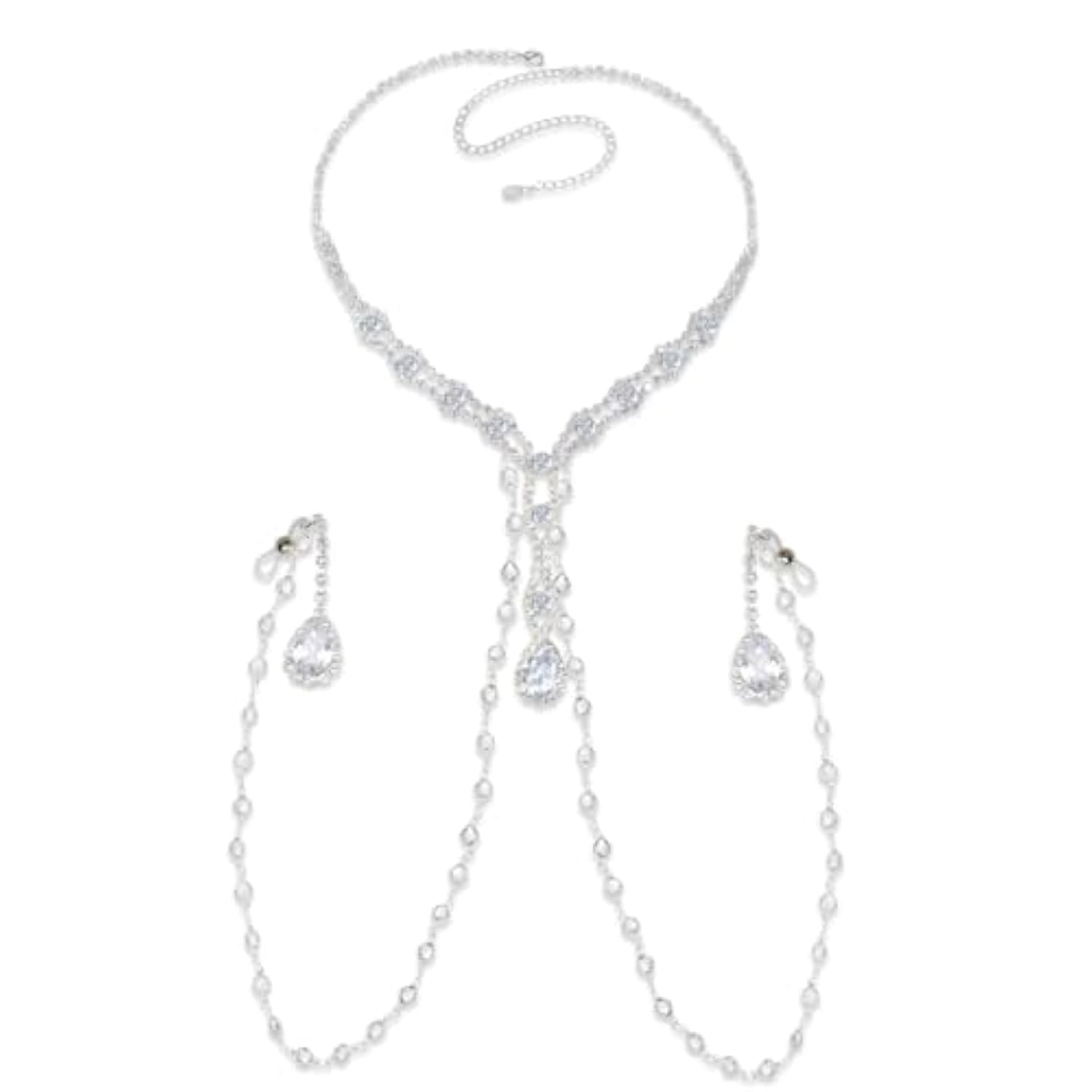 Crystal Body Chain Necklace Set With Rhinestone Pendants, Body Clamps Breast Silver Chain W-Tone Fashion Jewelry For Women (Concise-Wathet)