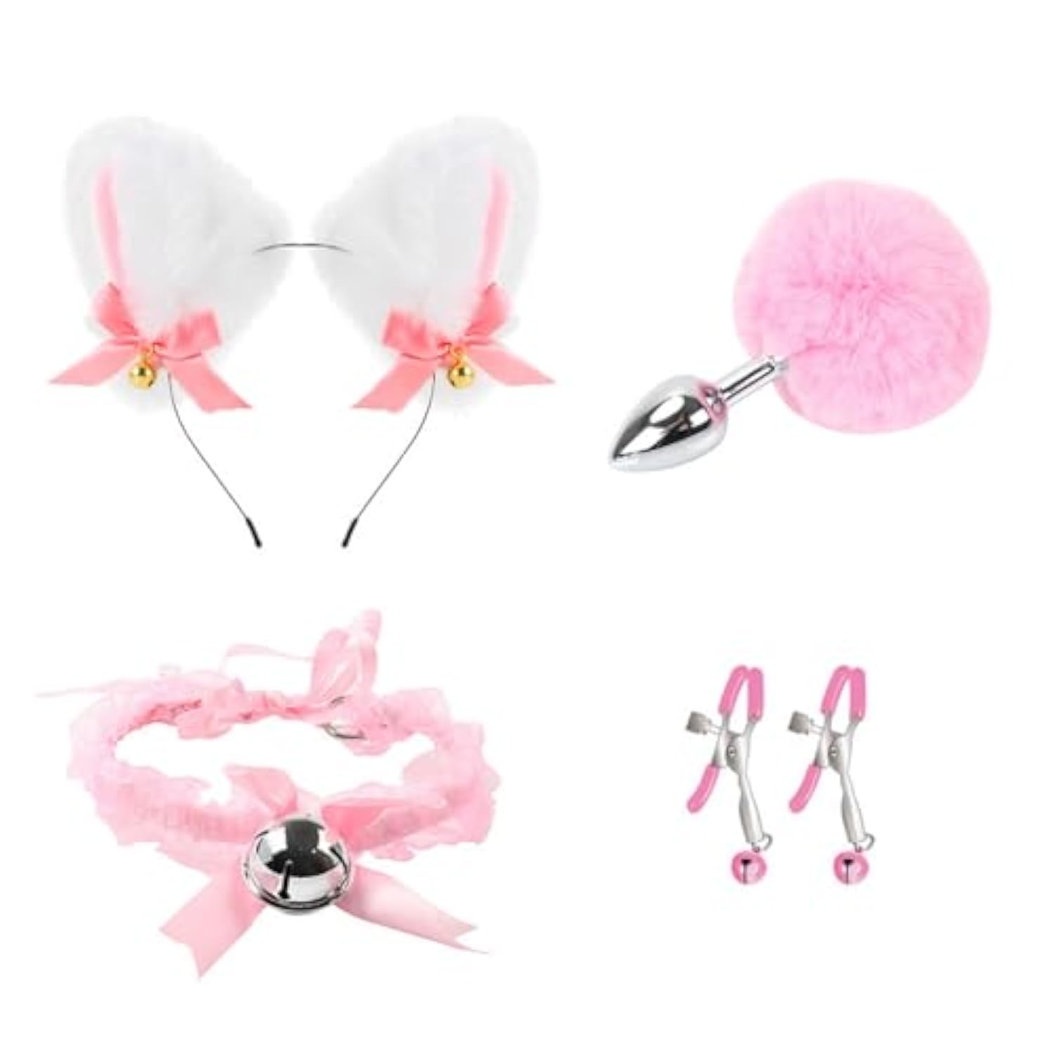 Cozy Leather Plush Erotica With Cat Ears Accessories 4 Piece Gift Set For Men And Women (Pink)