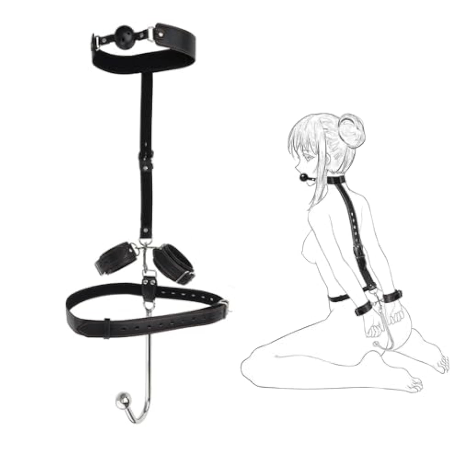 Anal Hook Bdsm Sex Bondage, Bed Restraint Kit With Adjustable Handcuffs Collar, Leather Furniture Restraint Set With Ball Gag And Adjustable Leather Handcuffs, Adult Sex Toys For Couple Foreplay