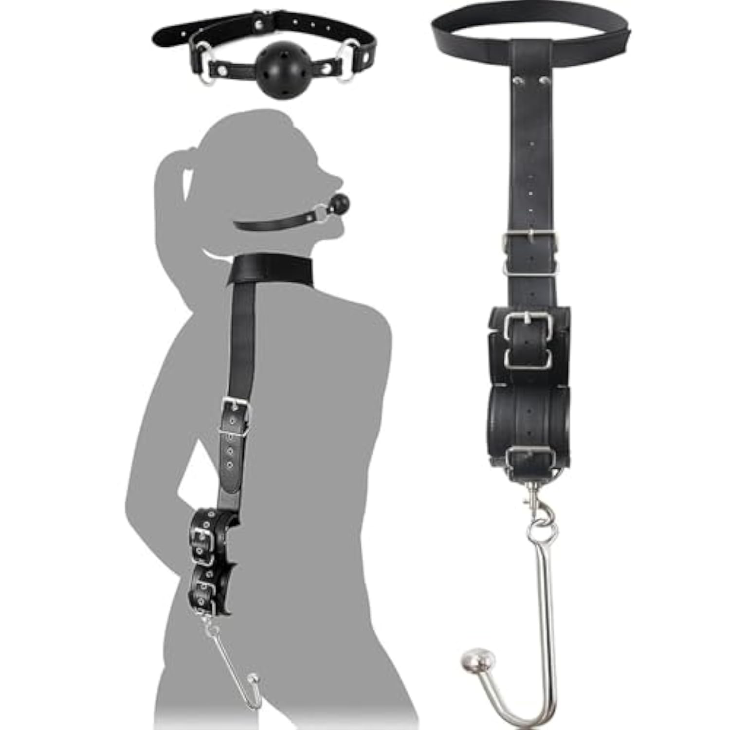 Anal Hook Bdsm Sex Bondage - Bed Restraint Kit Sex Bondage Collar With Anal Hook & Ball Gag Sm Slave Leather Neck To Wrist Bondage Anal Ball Fetish Couples Sex Game Tool