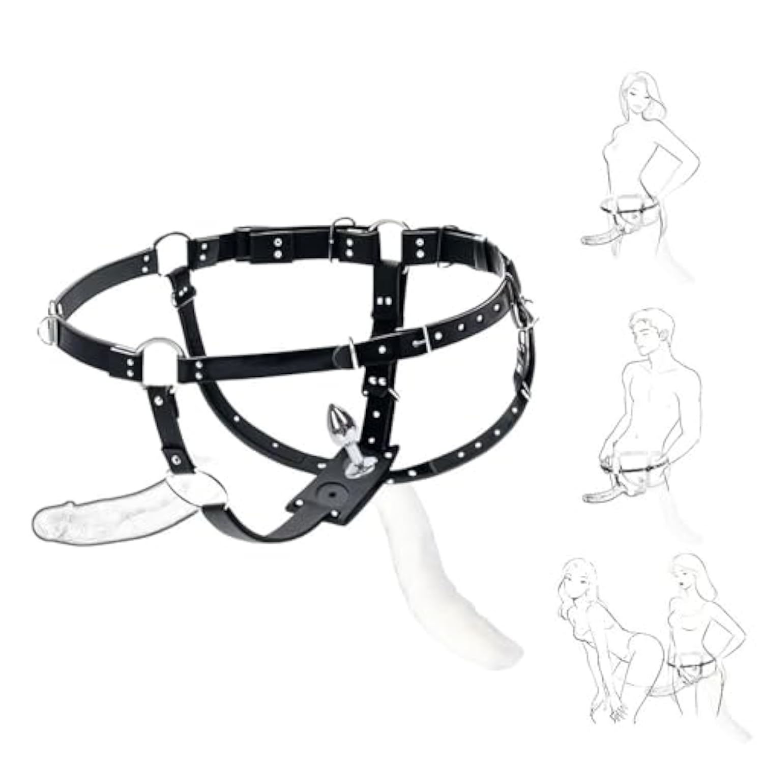 Bdsm Strapon Dildo Harness With Butt Plug – Double Penetration Adjustable Black Leather Dildo Belt For Couples – Fetish Strap Toy For Dominance & Submission Play (32"+Waist)