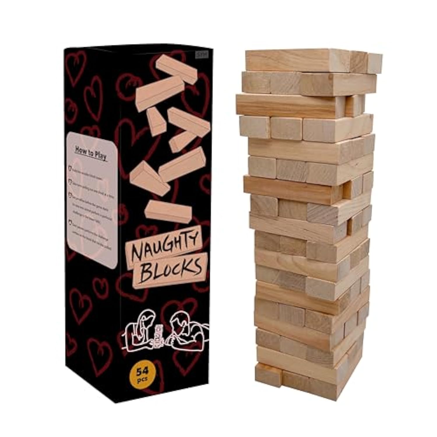 Naughty Blocks - Adult Couple'S Game With 54 Flirty & Fiery Challenges, Stacking Tower With Intimate Dares For Date Night, Anniversary, Valentine'S Day Gift