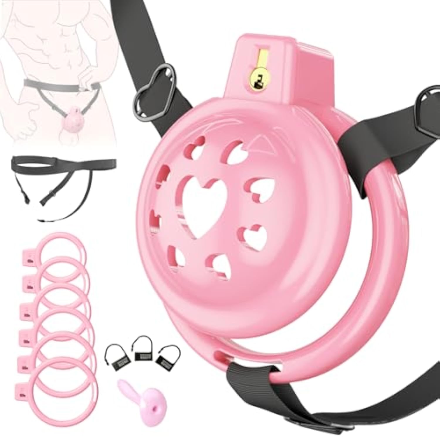 Lovely Pink Male Chastity Cage, Lightweight Chastity Devices With Soft Silicone Head 6 Cock Rings, Penis Bondage Gear Cock Cage Adult Toys With Invisible Lock, Male Chastity Belt Bdsm Sex Toys For Men