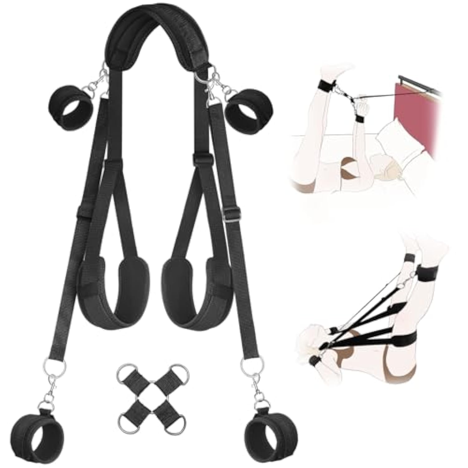 Bdsm Sex Bondage Bed Restraint Adjustable Neck To Thigh Restraints With Hand To Ankle Sex Harness Sling, Detachable Handcuffs & Ankle Cuffs With Cross Buckle,Ideal For Couples & Adult Beginner Sex Toy