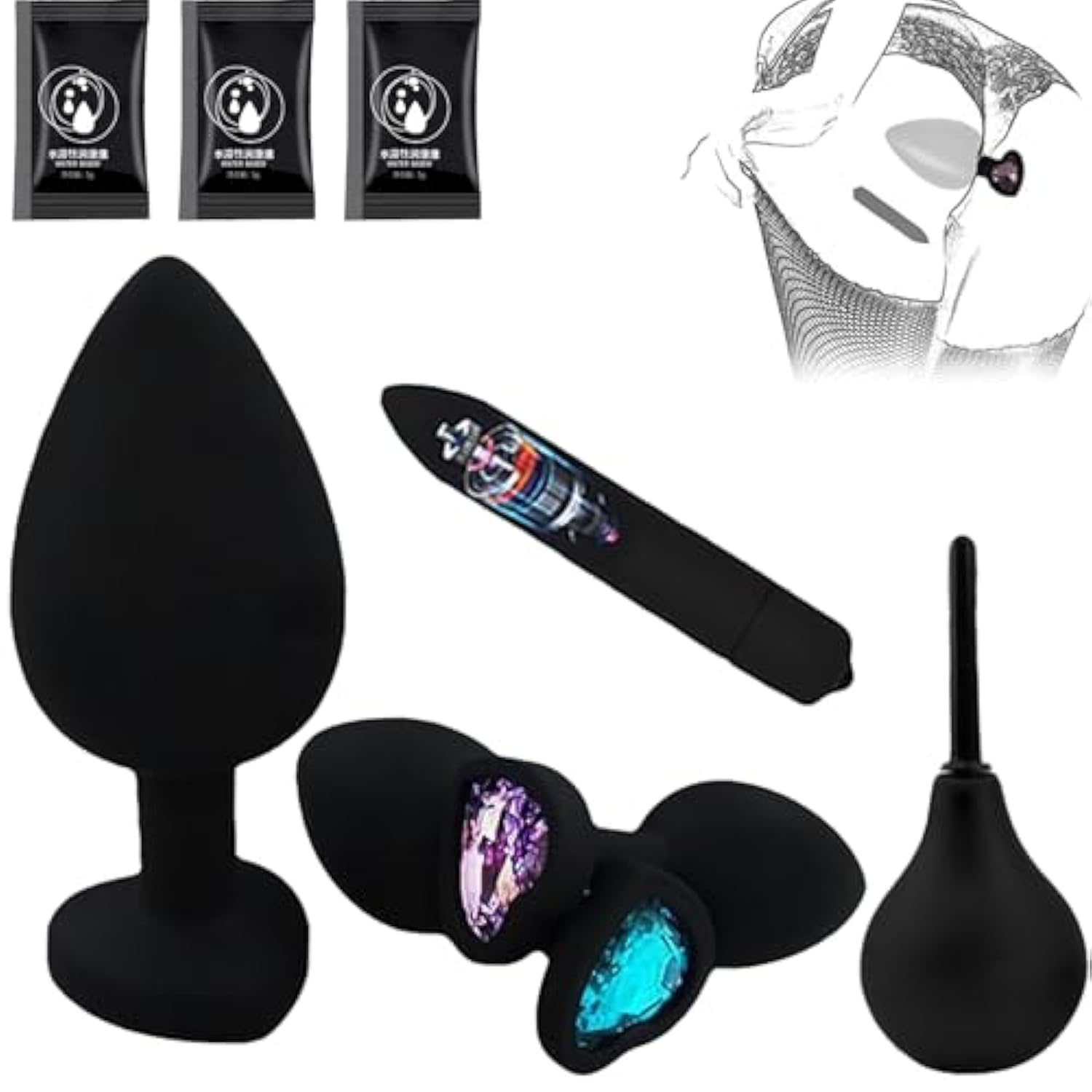 Anal Sex Trainer?3Pcs Jeweled Butt Plugs, 1 Bullet Vibrator Included?1 Enema?Silicone 5 Piece Adult Sex Toy Kit- Black?Adult Sex Toys & Games, Suitable For Men And Women And Couples Fun