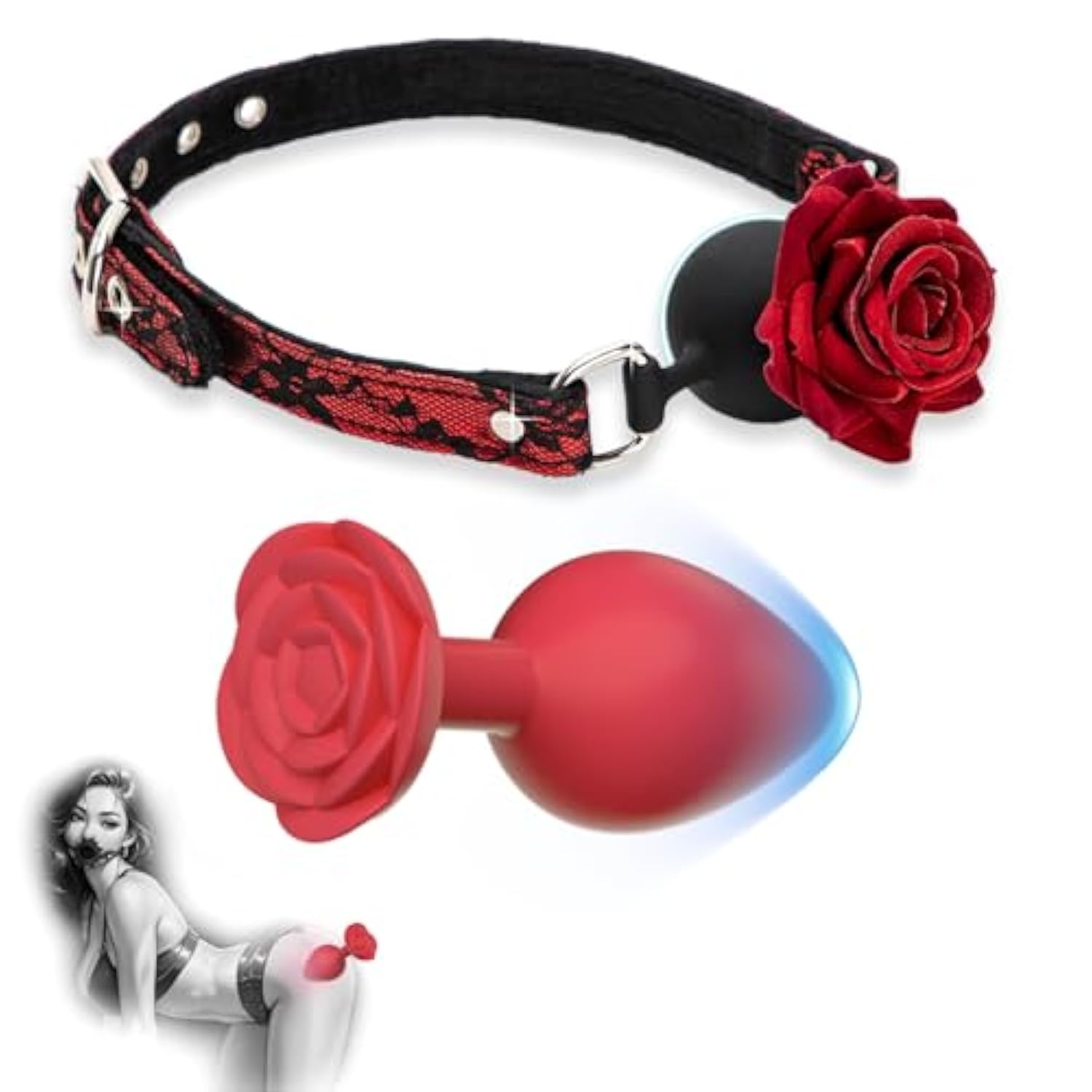 2 Pack Sexy Rose Ball Mouth Gag & Silicone Anal Butt Plugs Stimulation Anal Training Set Adjutable Leahter Bdsm Strap Sex Toys For Women Female Adult Couples Sm Games Foreplay Set Of 2