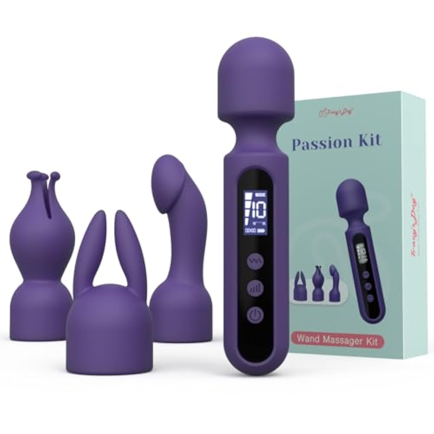 Wand Vibrator Kits, Couple Adult Sex Toys With 3 Attachments For Clit, G Spot, Glans, Clitoral Stimulator Vibrating Dildo With Lcd Display, 10 Patterns 4 Speeds (Passion Kit)