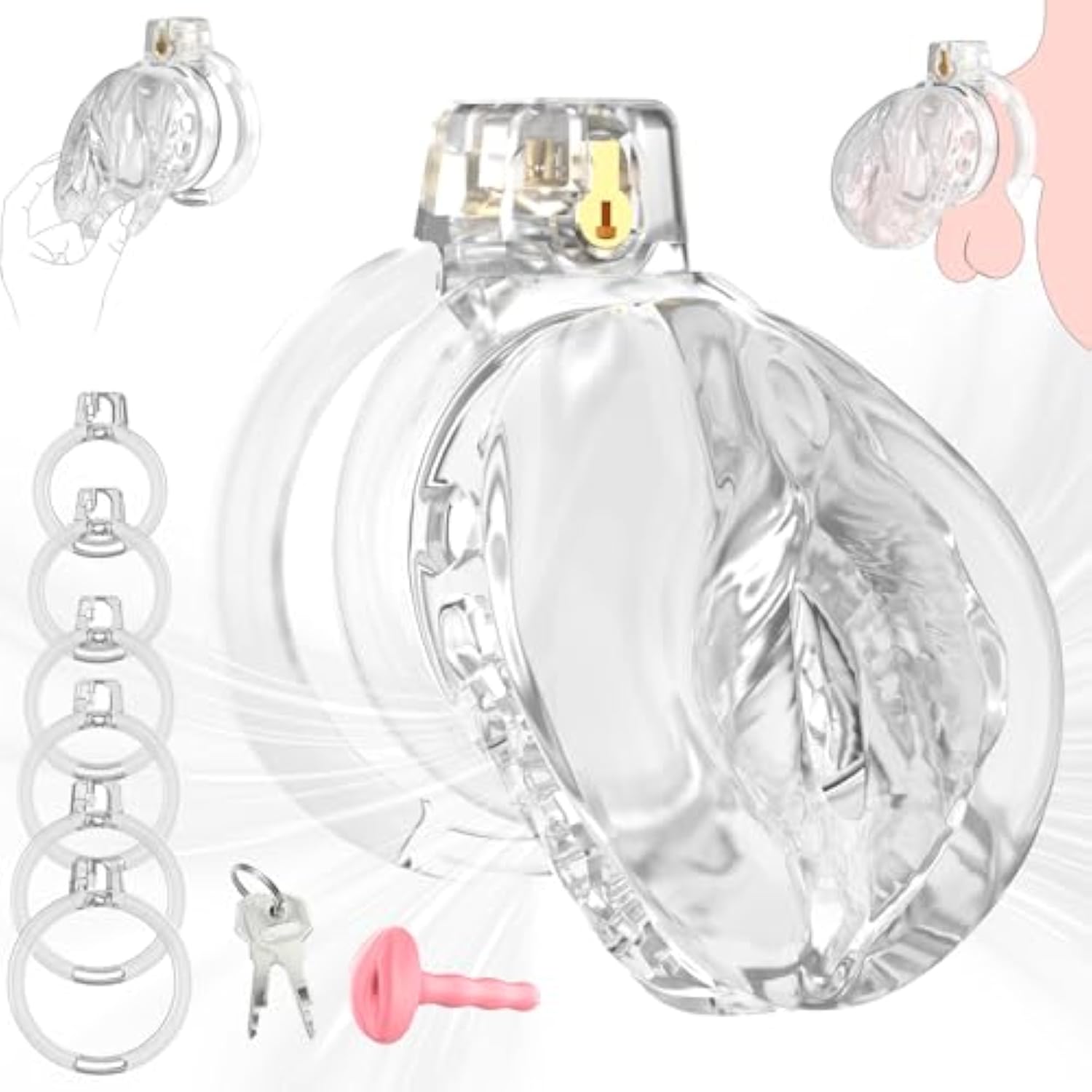 Male Chastity Cage - Soft Lightweight Penis Cage With Realistic Vagina Clitoris & 6 Sizes Rings, Comfortable Cock Bondage Chastity Device Bdsm Sex Toys For Men (Transparent, Medium)
