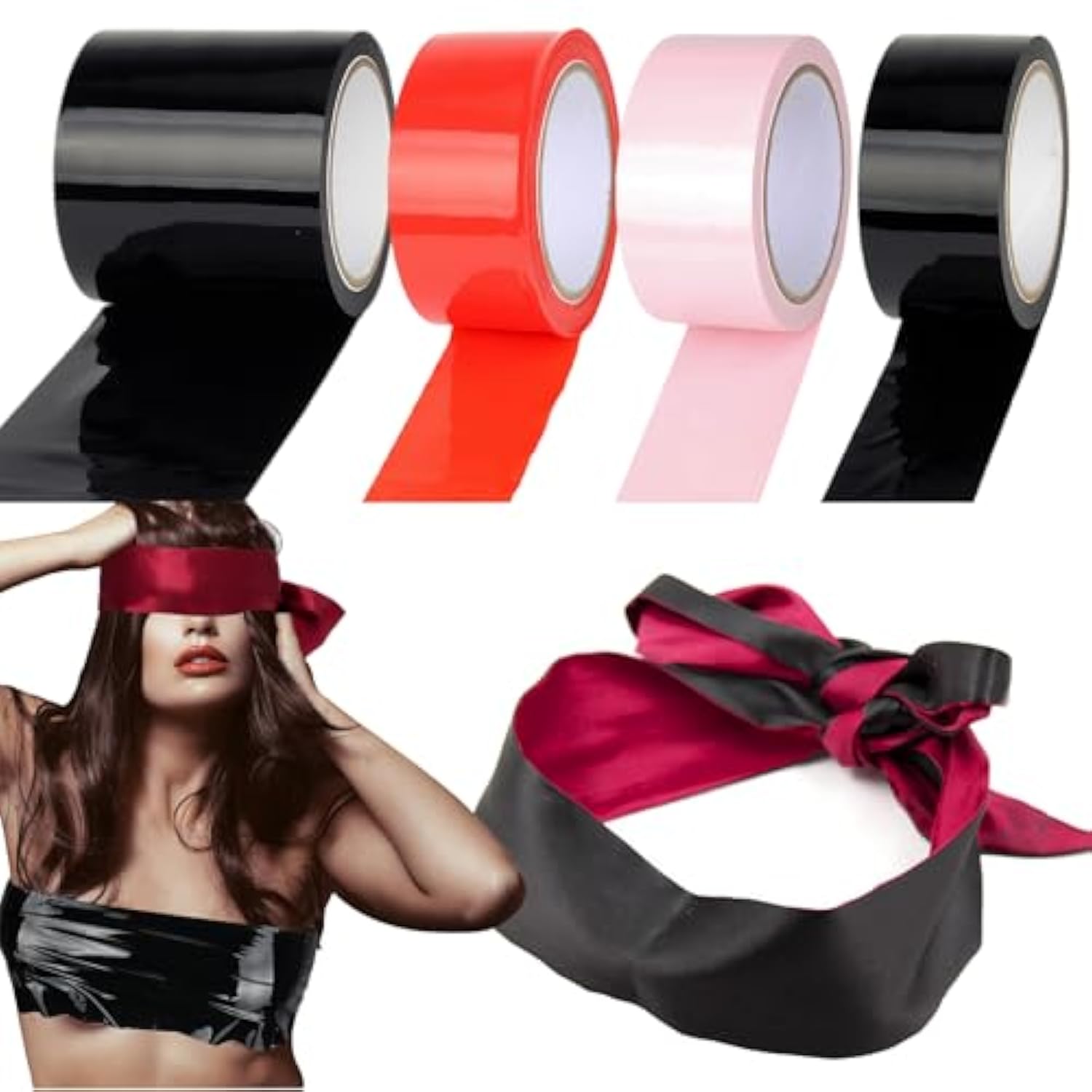 396Ft Bondage Tape Electrostatic Sex Tape With Blindfold, 99Ft*4Rolls Bondage Restraints Tape For Bdsm Games, Pvc Tapes For Couples Play (Width: 3.94" X 1Roll + 1.97" X 3Rolls)