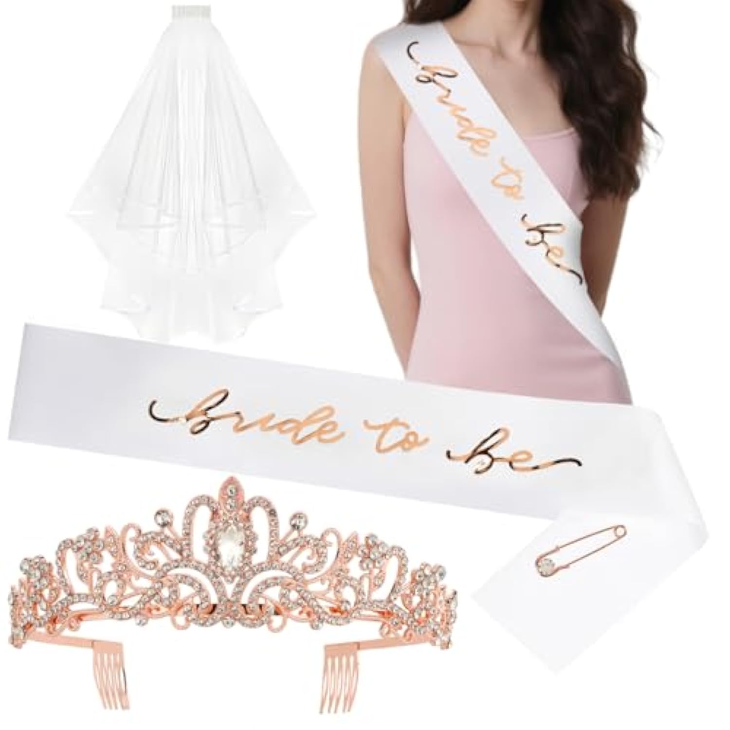 Bride To Be Sash + Bride Veil + Rose Gold Crown Set Bachelorette Party Decorations Favors Bridal Shower Gifts