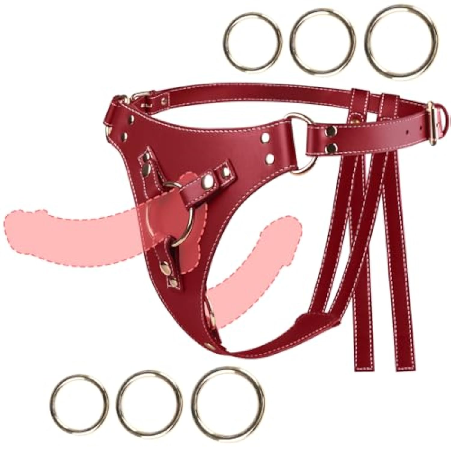 Strap On Dildo, Sex Toy - Strap On Harness Fits Various Sizes Of Dildoes, 3 Different Sizes Of Metal O-Rings For Each Position (2 Sets Of 6 O-Rings Total), Perfect For Lesbian And Gay Couples (Red)