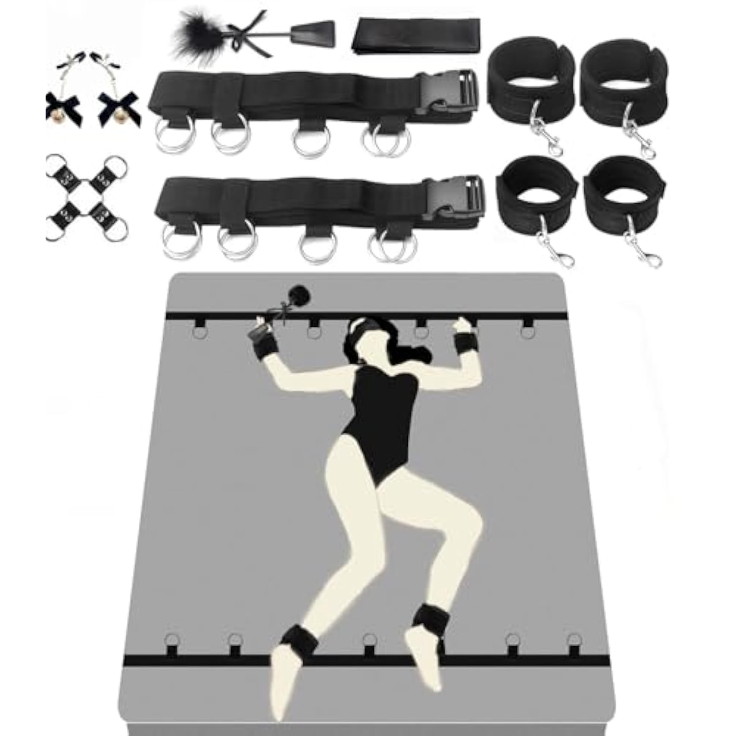 8Pcs Bdsm Bondage Bed Restraints Kit, Adjustable Sex Straps Set With Handcuffs, Ankle Cuffs, Blindfold, Tickler & Nipple Clamps For Adult Couples & Women (Black)