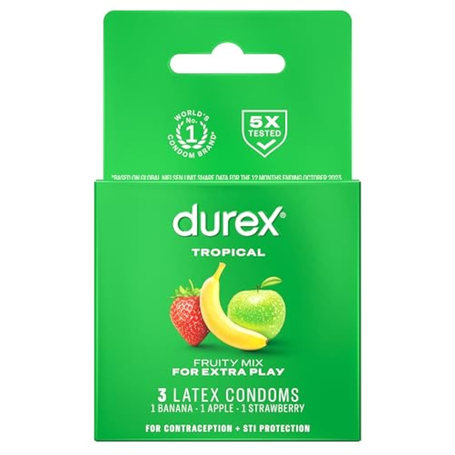Condoms, Lubricated Latex, Durex Tropical Flavors Condom, 3 ct Mix of Tropical Orange, Banana and Strawberry Fruit Flavors
