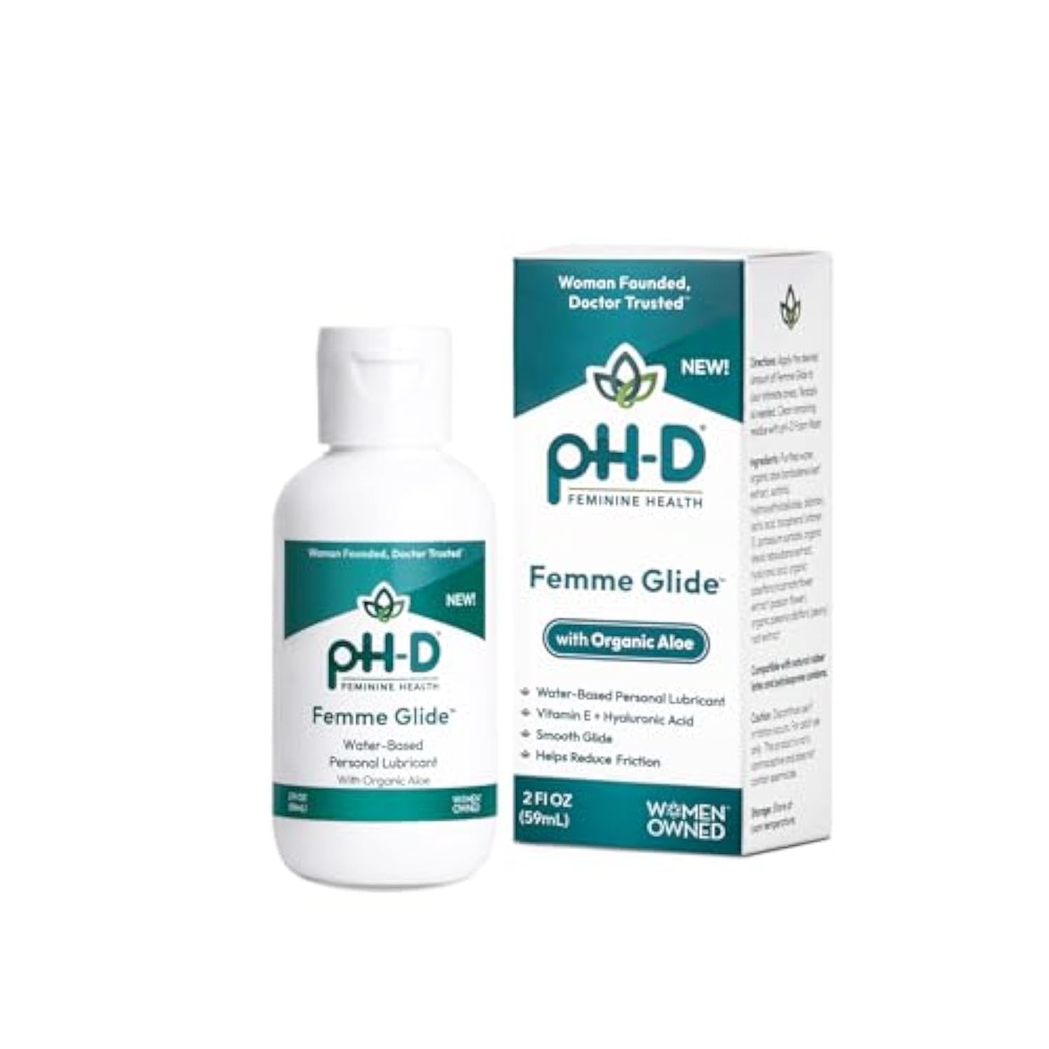 Ph-D Feminine Health Femme Glide Personal Lubricant | Water-Based Hydrating Formula Including Organic Aloe Vera, Vitamin E & Hyaluronic Acid, 2Oz