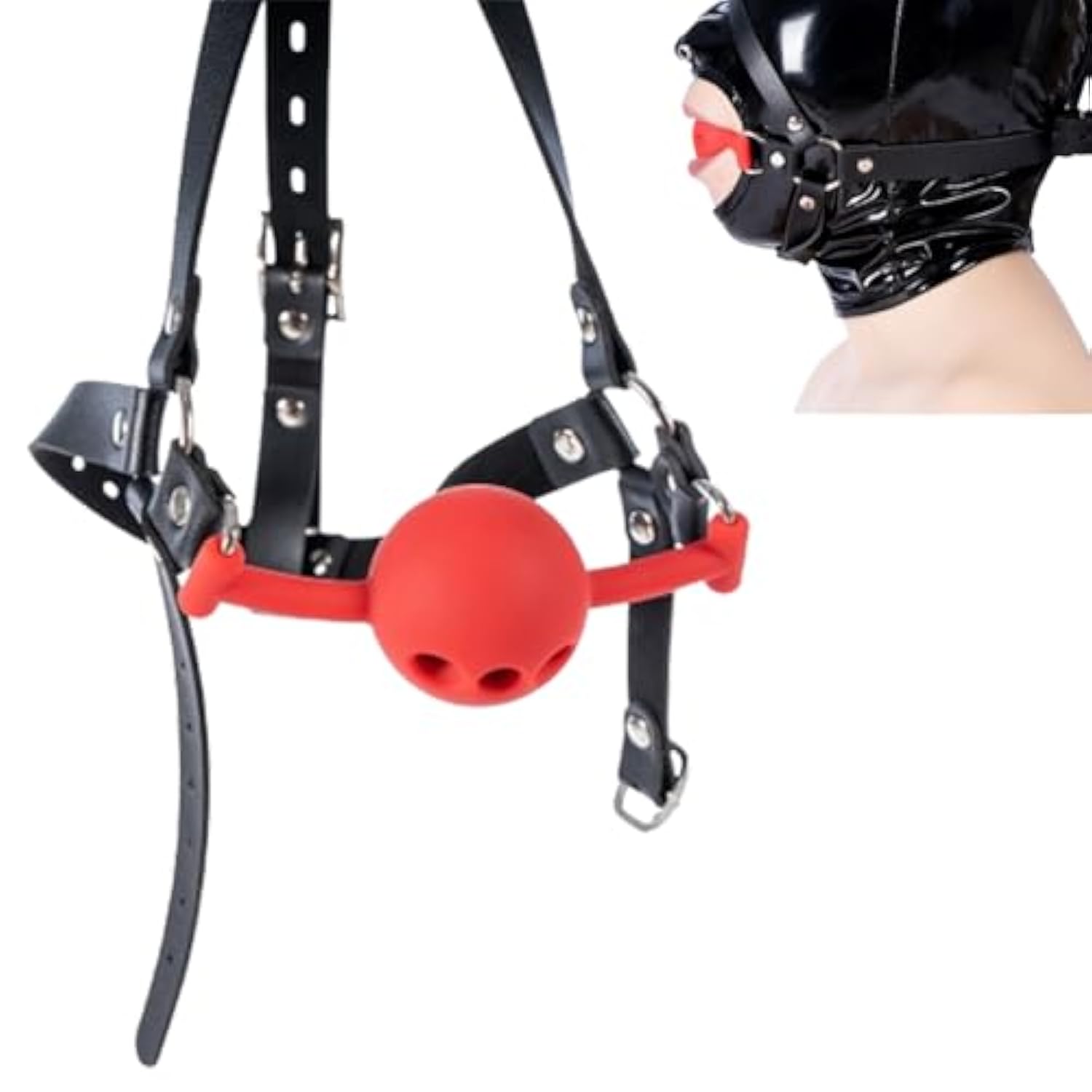 Leather Bdsm Headgear With Silicone Ball Gag, Strip Mouth Restraint Hood Slave Mouth Gag, Bondage Gear For Couples, Erotic Slave Play (Red Ball)