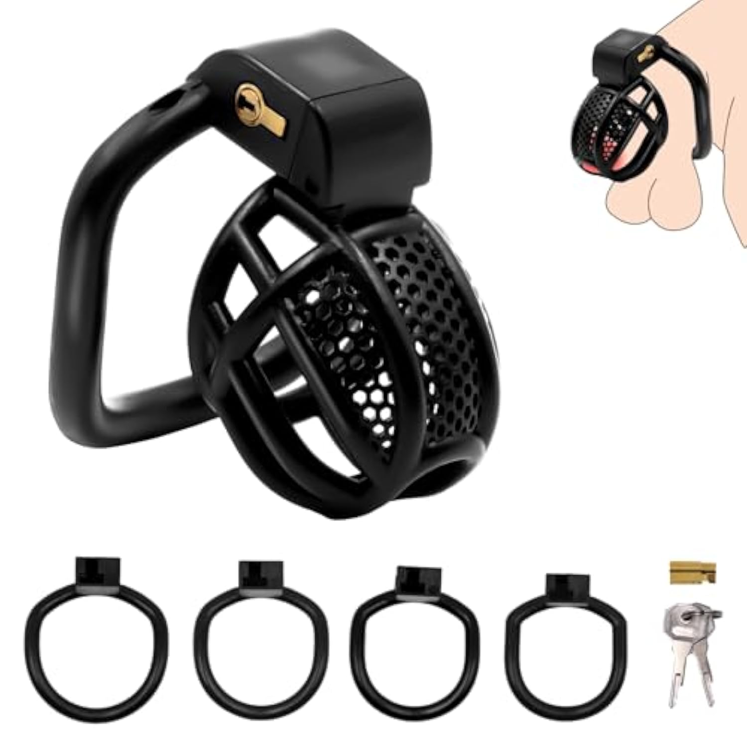 Male Chastity Device Cock Cage - Chastity Cage For Man Penis Exercise 3D Printed Black Bondage Gear Lightweight Adult Sex Toy With 4 Sizes Rings Invisible Lock And Key