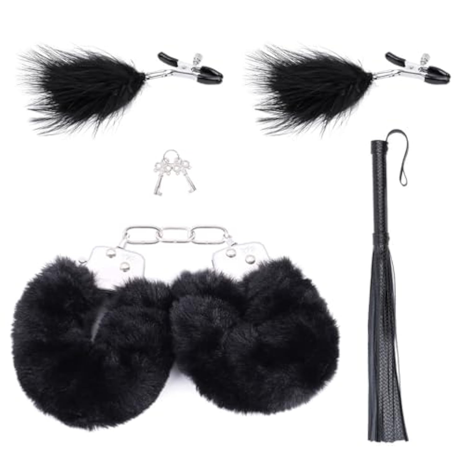 3Pcs Adult Sex Flogger, Fluffy Metal Handcuffs With Keys, Feathered Nipple Clamps Plush Stainless Steel Wrist Cuffs Cosplay Couples Bdsm Beginner Kit (Black)