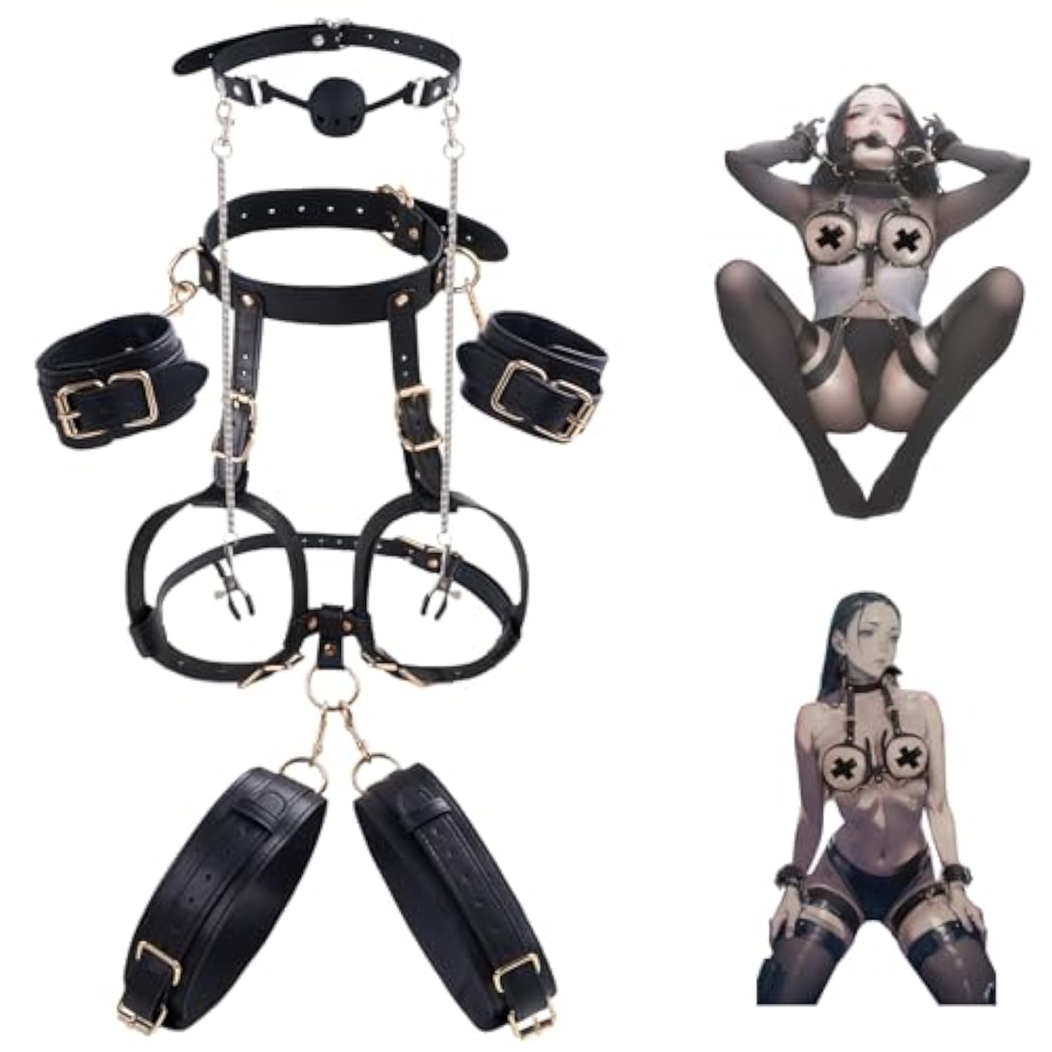 Bdsm Kit Sex Breast Bondage Restraints, Upgrade 5 In 1 Detachable Wrist & Thigh Cuffs Neck To Thigh With Ball Gag Nipple Clamps, Adjustable Bed Restraints Sexy Harness,Sm Game Sex Toy For Women Couple