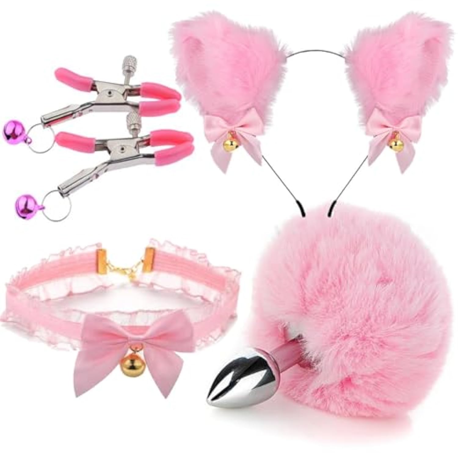 Fox Tail And Cat Ears Stainless Steel Anal Plug - Anal Plug Tail Sex Toys For Sm Adult Play Or Cosplay B22 (Pink-3)