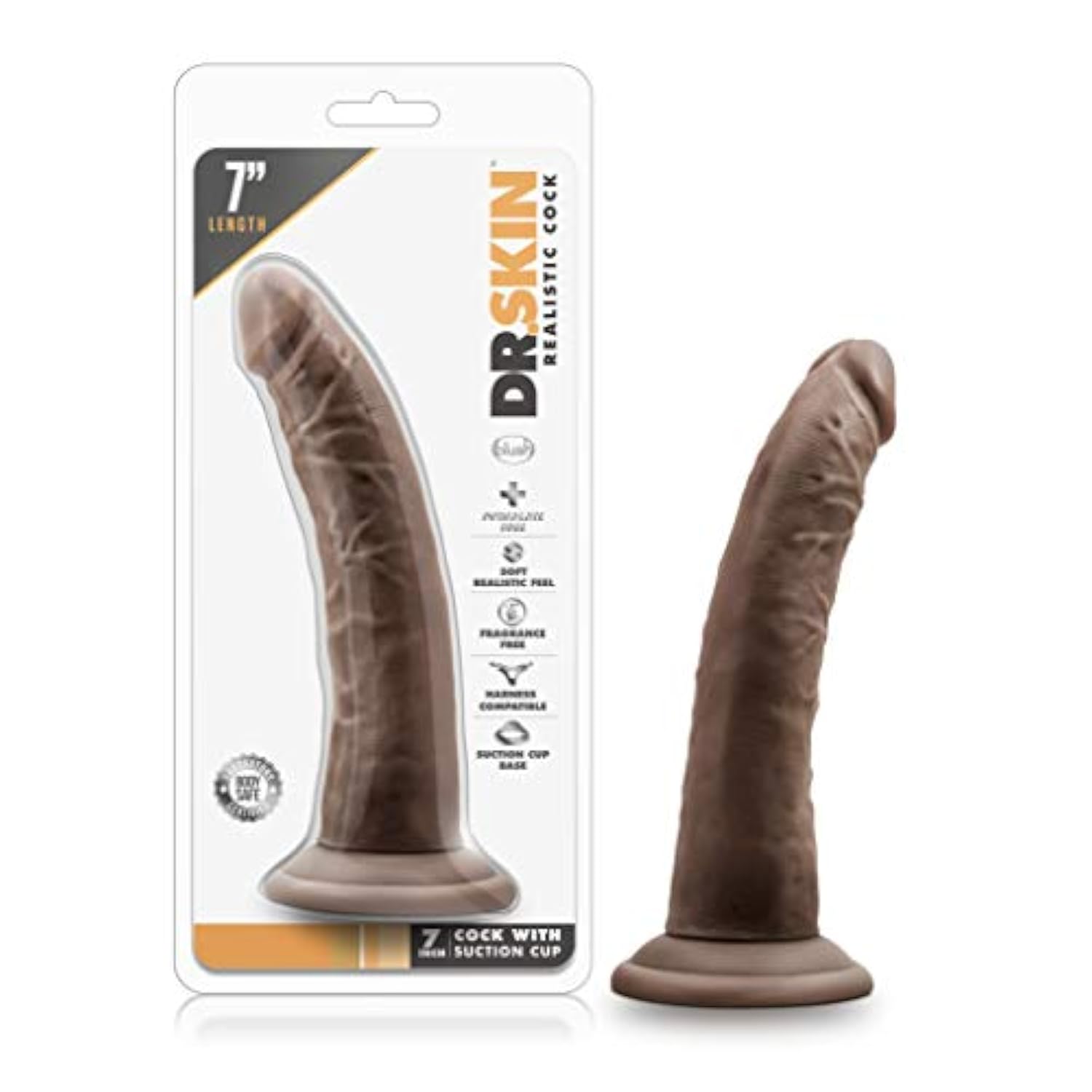 Blush Dr. Skin 7.5" Realistic Slim Dildo, Vaginal Or Anal Play Long Cock - Suction Cup, Strap-On Compatible, Beginners Pegging & Roleplay - Lifelike Adult Sex Toy For Women, Men, Couples - (Chocolate)