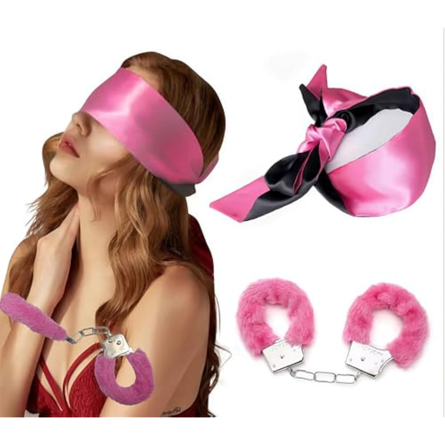 Bdsm Kit Sexy Plush Toy Handcuffs With Keys And Satin Bandage Blindfold Eye Mask Bedroom Or Party Supplies For Lover Couple And Newcomer To Sm Games(Pink)