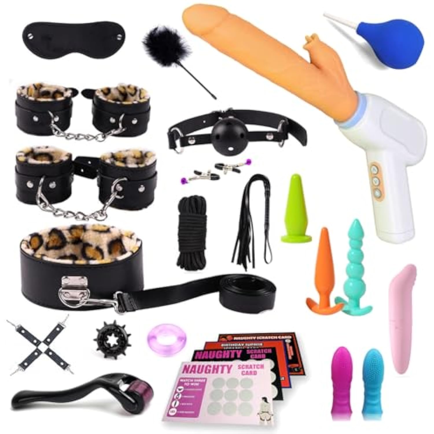 Bdsm Sex Bondage Kit Restraints, 25Pcs Sets With Adjustable Handcuffs Collar Ankle Cuff Blindfold Feather Tickler Vibrator Anal Plug Adult Games Sex Toys