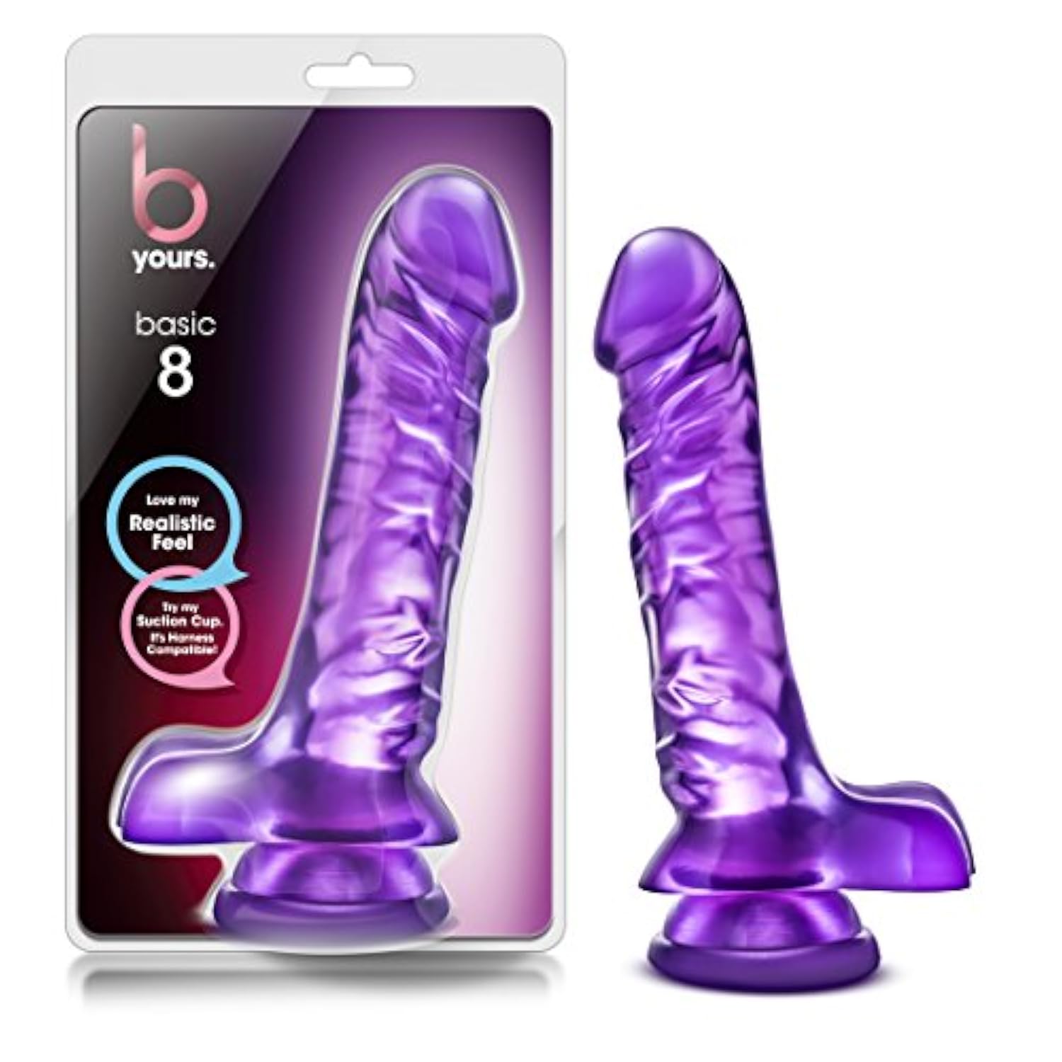 Blush Adult Sex Toy - B Yours Basic8 - Realistic G Spot Dildo - 9 Inch Long - Lifelike Ribbed Clear Penis With Suction Cup - Smooth Firm Strap-On Dildo For Women & Men Anal Vaginal Pleasure - Purple