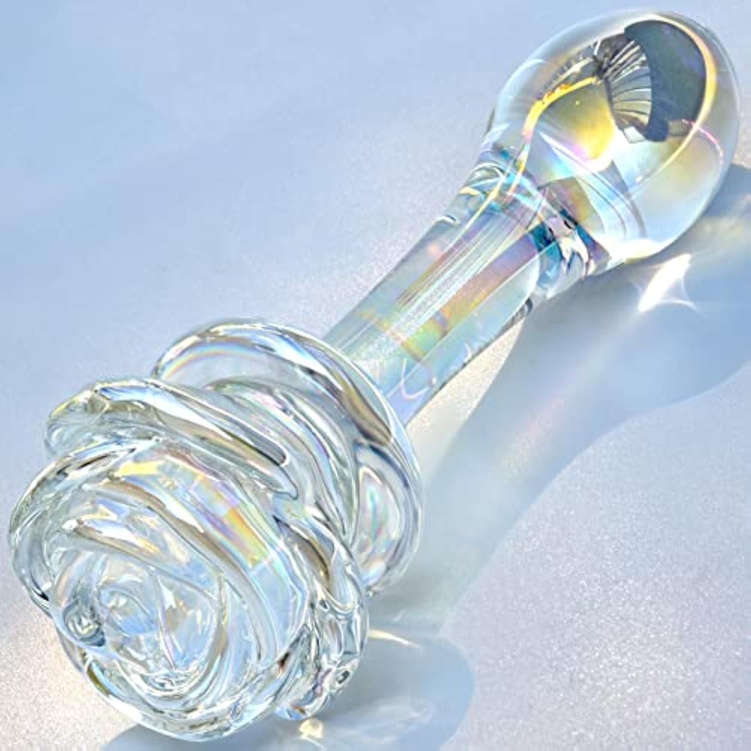 Glass Anal Plug Colorful Butt Plug Prostate Massager With Rose Round Base, Long Neck And Gradual Head Fetish Bum Plug Anal Dilator Masturbation Sex Toy For Men Women 5.35 X 1.37 Inch