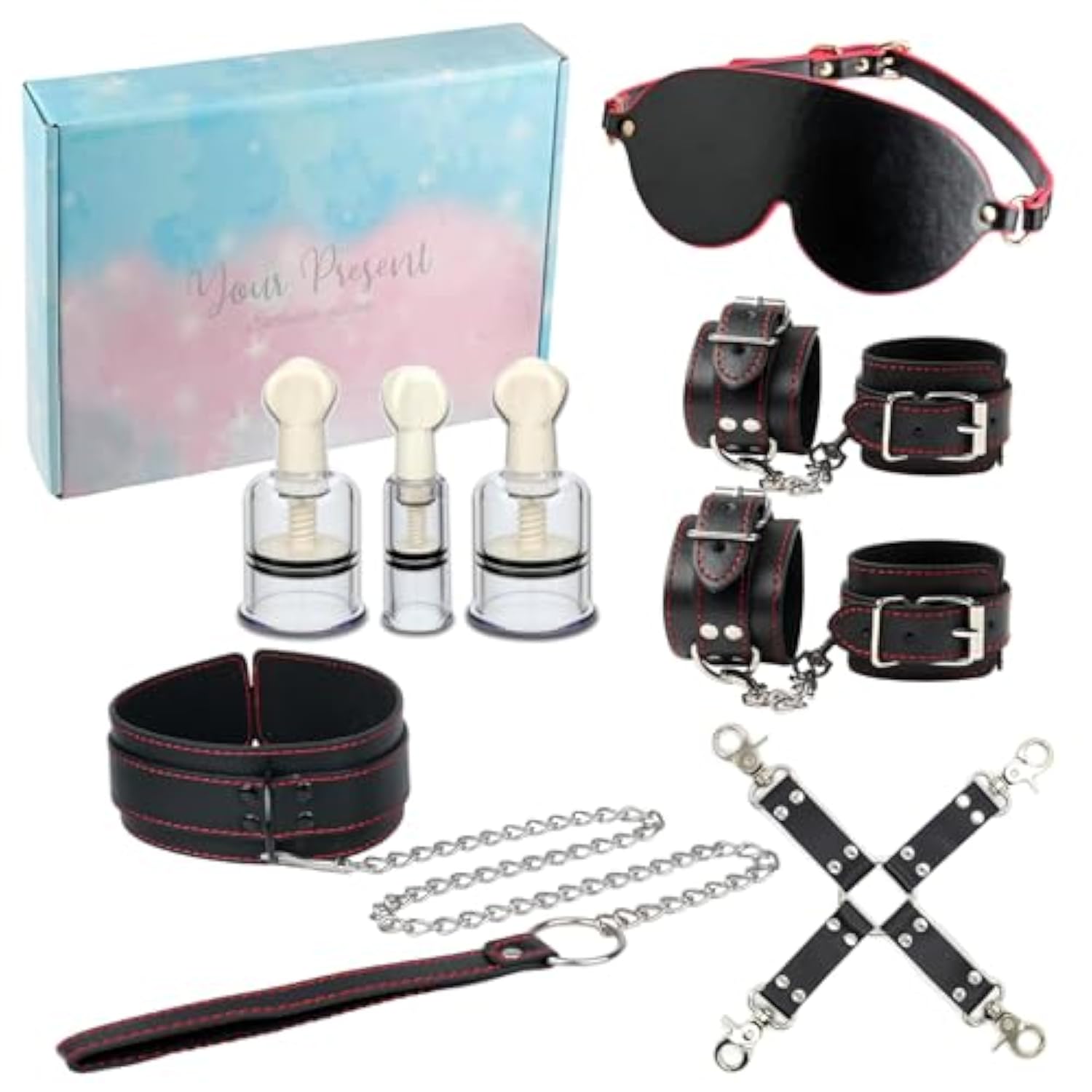 7 Pcs Sex Bondage Restraints Kit, Upgrade Sex Toys Sets With Cilt And Nipple Suckers, Thickened Pu Leather Handcuffs Footcuffs Collar Blindfold, Sex Accessories For Adults Couples Play