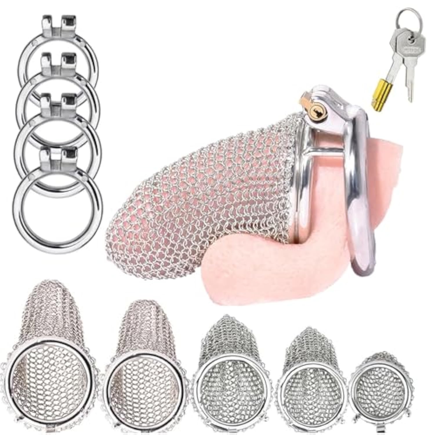 Sm Stainless Steel Penis Cage, Mesh Penis Cage With 4 Cock Rings Male Chastity Devices Set, Bdsm Restraint Penis Chastity Belt Lock Cock Cage, Adult Bondage Game Sex Toy (M, Round Ring 40Mm)